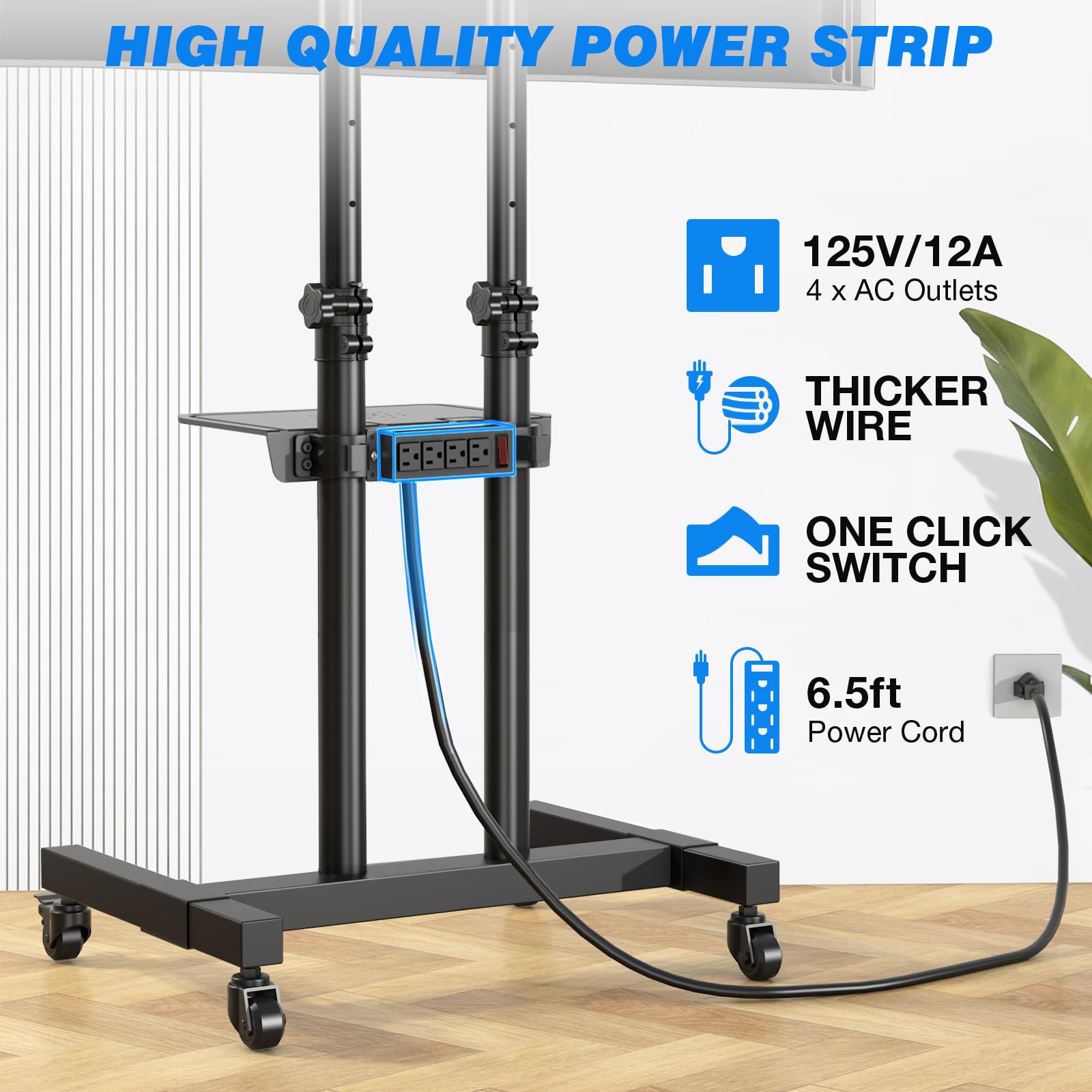 Rfiver Upgraded Mobile TV Stand with Power Outlet for 32-85 Inch TVs, Heavy Duty Rolling TV Cart on Wheels up to 132 lbs, Height Adjustable Portable TV Stand with AV Shelf for Bedroom, Home, Office