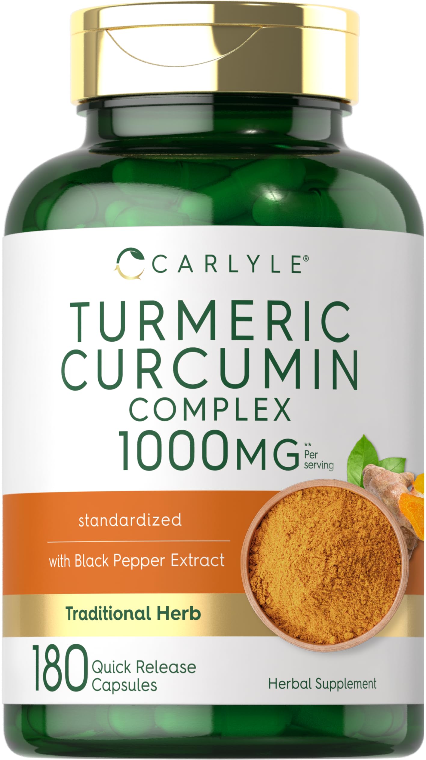 Carlyle Turmeric Curcumin with Black Pepper 1000mg | 180 Capsules | Turmeric Complex Supplement | Non-GMO, Gluten Free