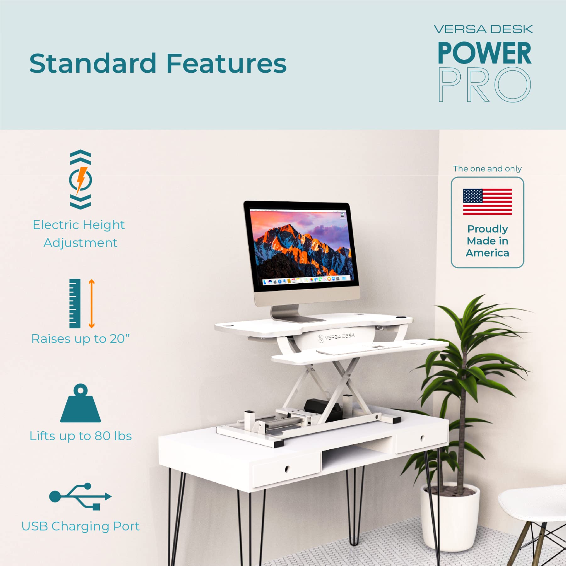 VERSADESK® PowerPro 36” x 24” Standing Desk Converter | 36 Inch Electric Height Adjustable Sit to Stand Desk Riser w/Keyboard Tray & USB Hub - Ergonomic Workstation for Home & Office, White