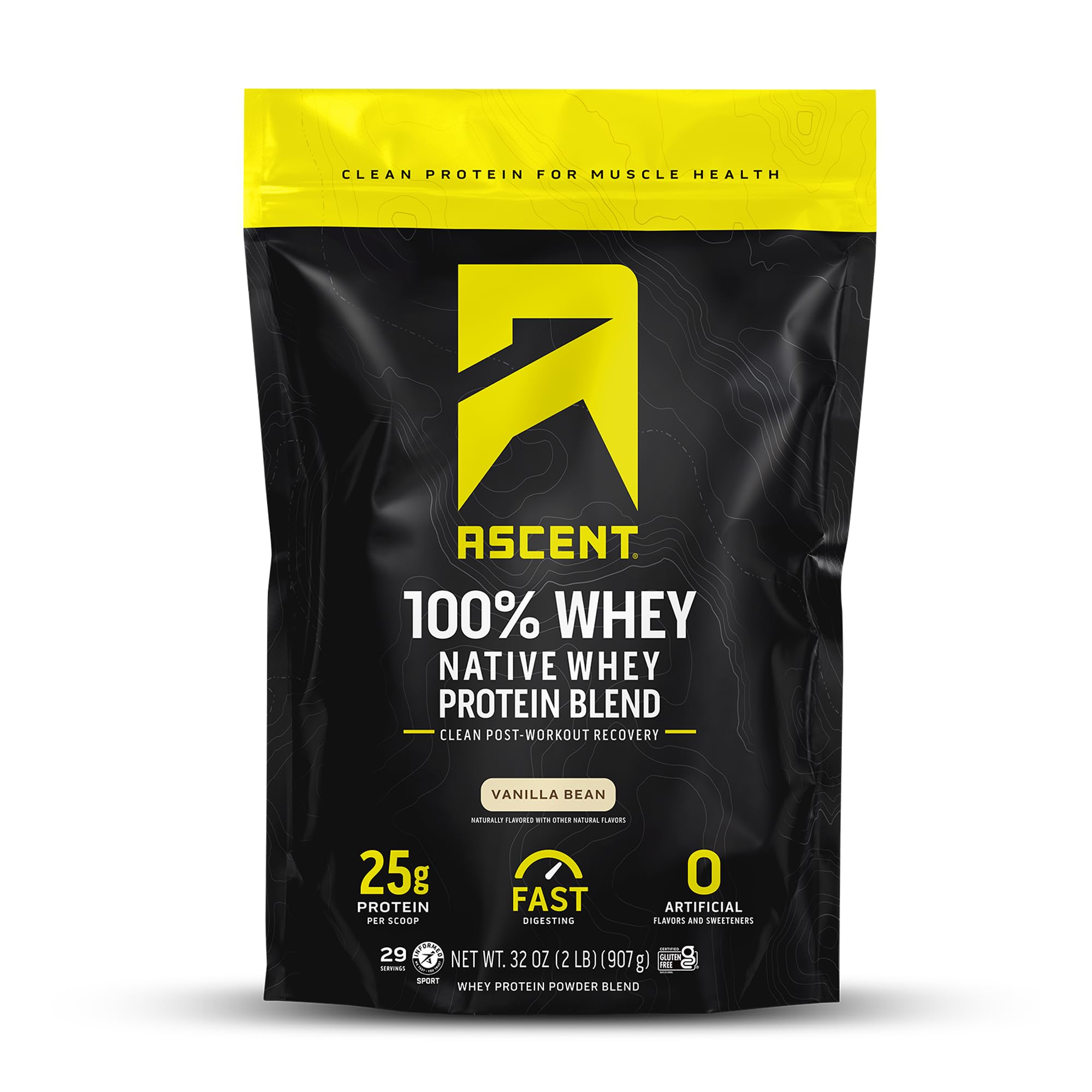 Ascent 100% Whey Protein Powder - Post Workout Whey Protein Isolate, Zero Artificial Flavors & Sweeteners, Soy & Gluten Free, 5.5g BCAA, 2.6g Leucine, Essential Amino Acids, Vanilla Bean 2 lb