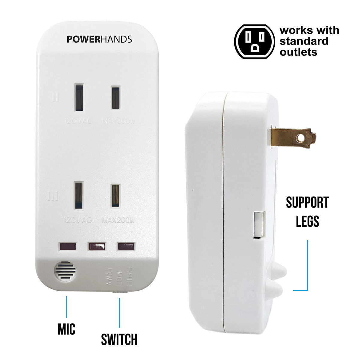 Power Hands | Clapping Light Control Noise Detecting Wireless Wall Outlet with a 3 Level Sensitivity Switch | Turns Appliances On/Off with Clapping Sound Sensor | 120V 200W 2 Outlet