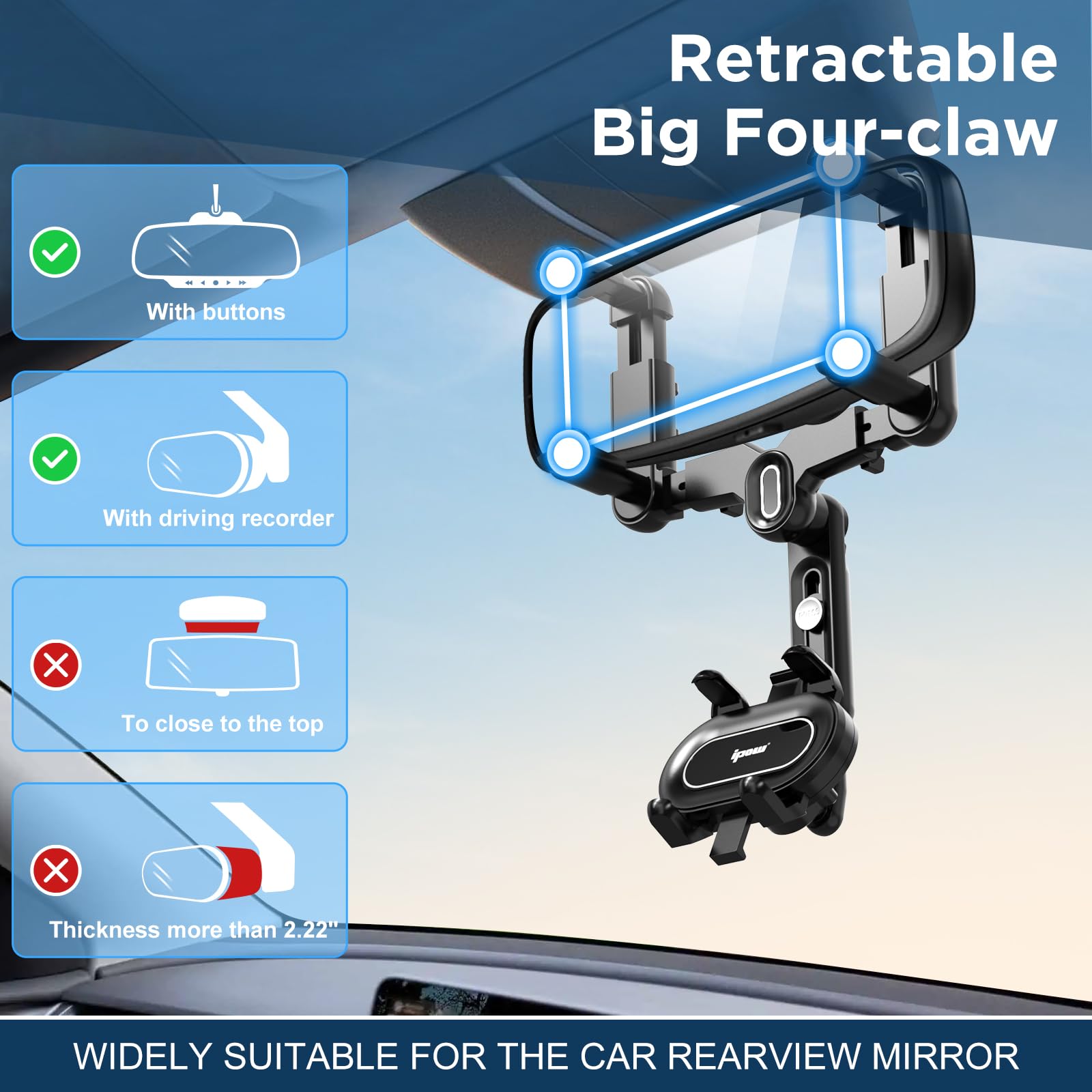 IPOW Large Rearview Mirror Phone Holder for Car 360°Rotatable and Retractable, 2023 Upgraded Four Corners Fixed Anti-Shake Multifunctional Design for Car Rearview Mirror with Button