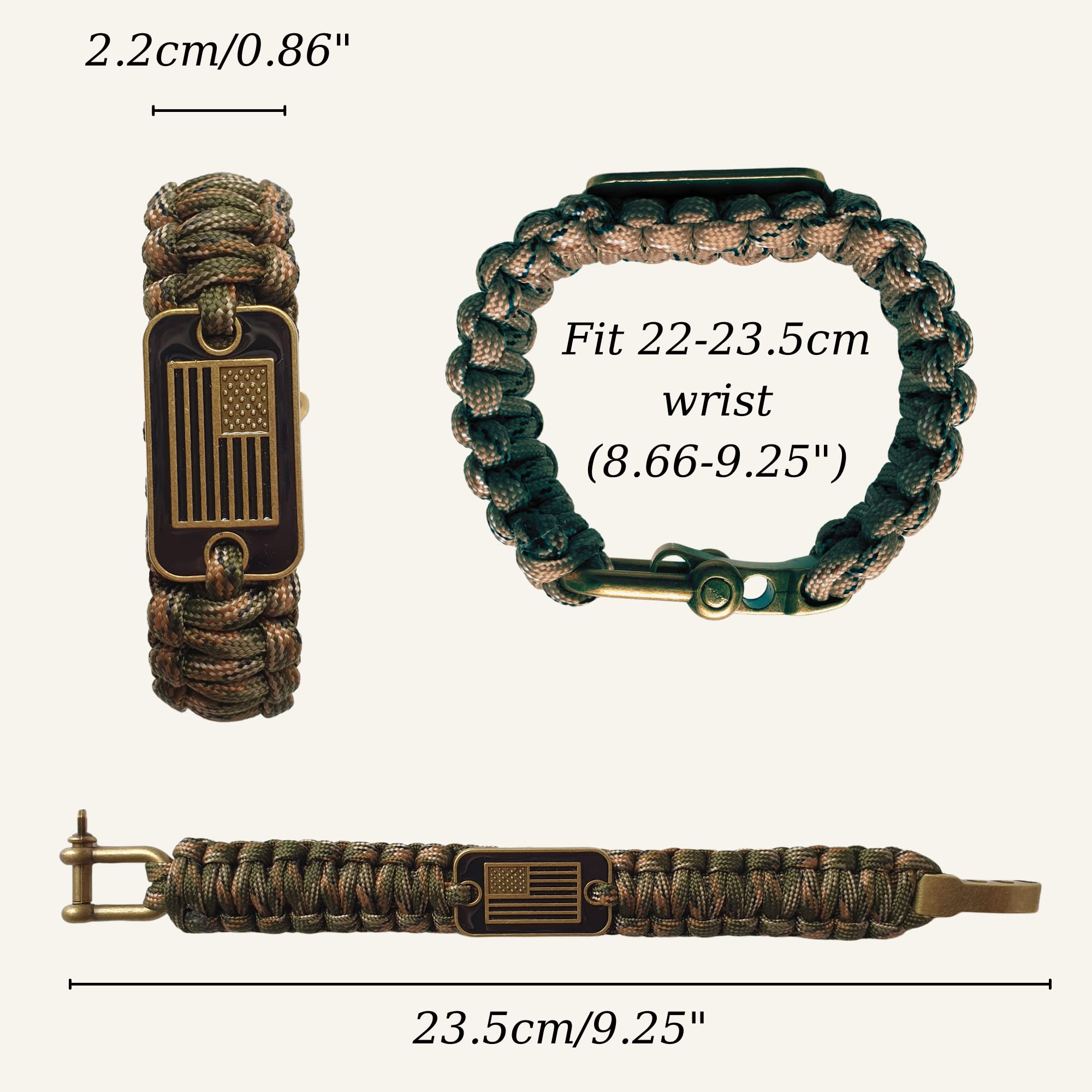 VAYOBOO Paracord Bracelet - Tactical Survival Bracelet for Men with Bronze USA Flag - 3 Adjustable Sizes - Green Camo, L