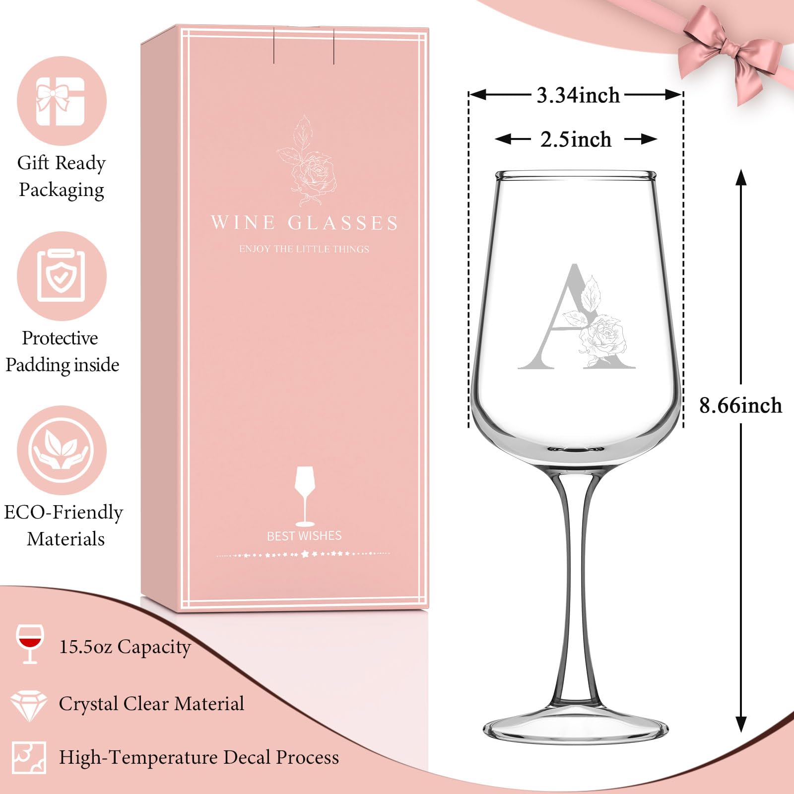 Mothers Day Gifts for Mom Grandma Wife Daughter Her, Personalized Initial Wine Glasses Custom Gift, Birthday Gifts for Women Mom Wife Best Friend Sister (A)
