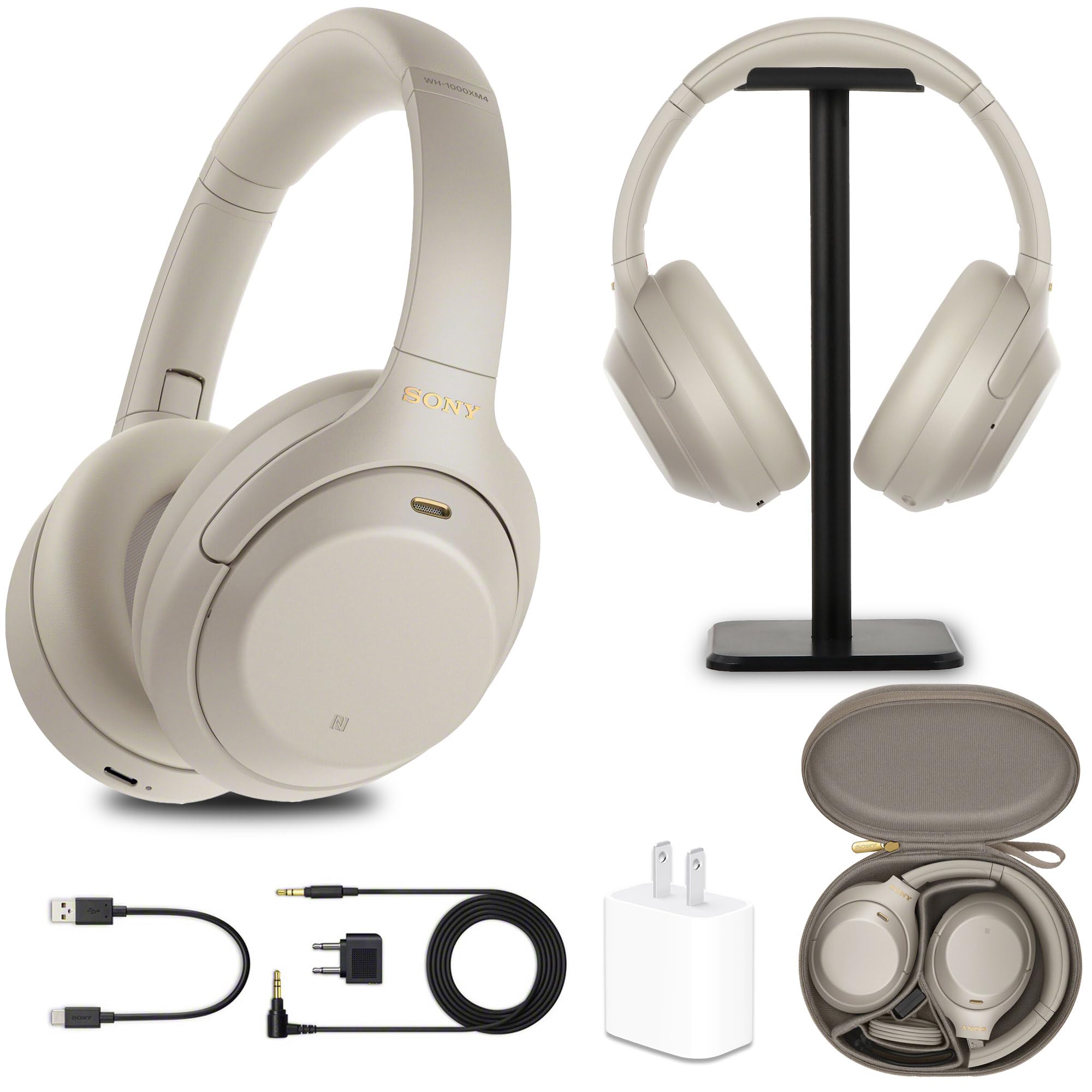 Sony WH-1000XM4 Wireless Noise-Canceling Over-Ear Headphones (Silver) with Mic for Phone-Call and Voice Control (WH1000XM4/S) + Headphone Stand + USB Adapter