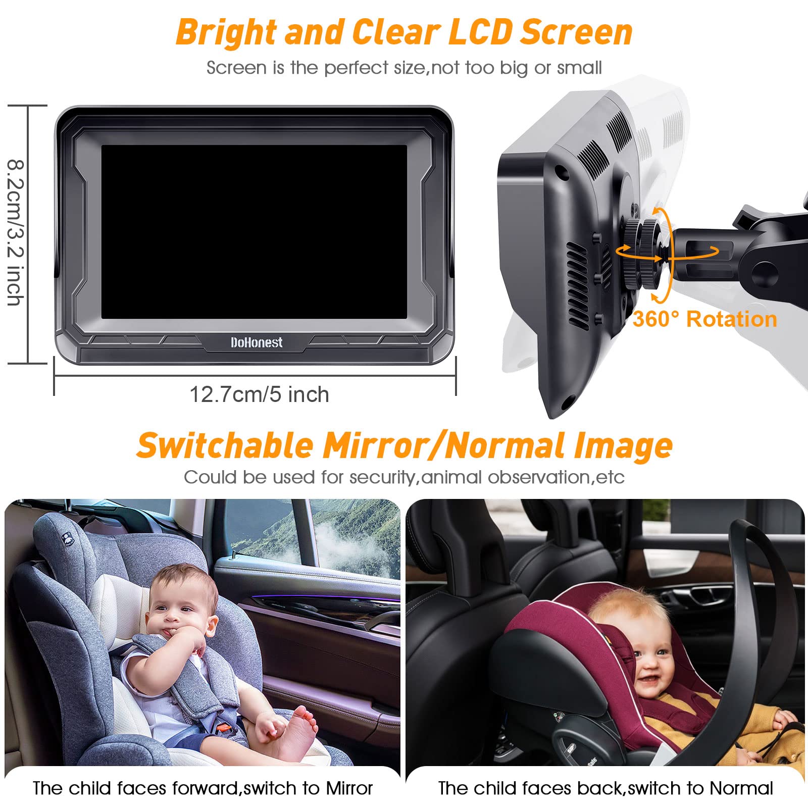 DoHonest Baby Car Camera for Backseat: HD 1080P Easy Setup Carseat Camera Rear Facing Infant - Crystal Night Vision 360° Rotating Baby Car Monitor for Kids - V33