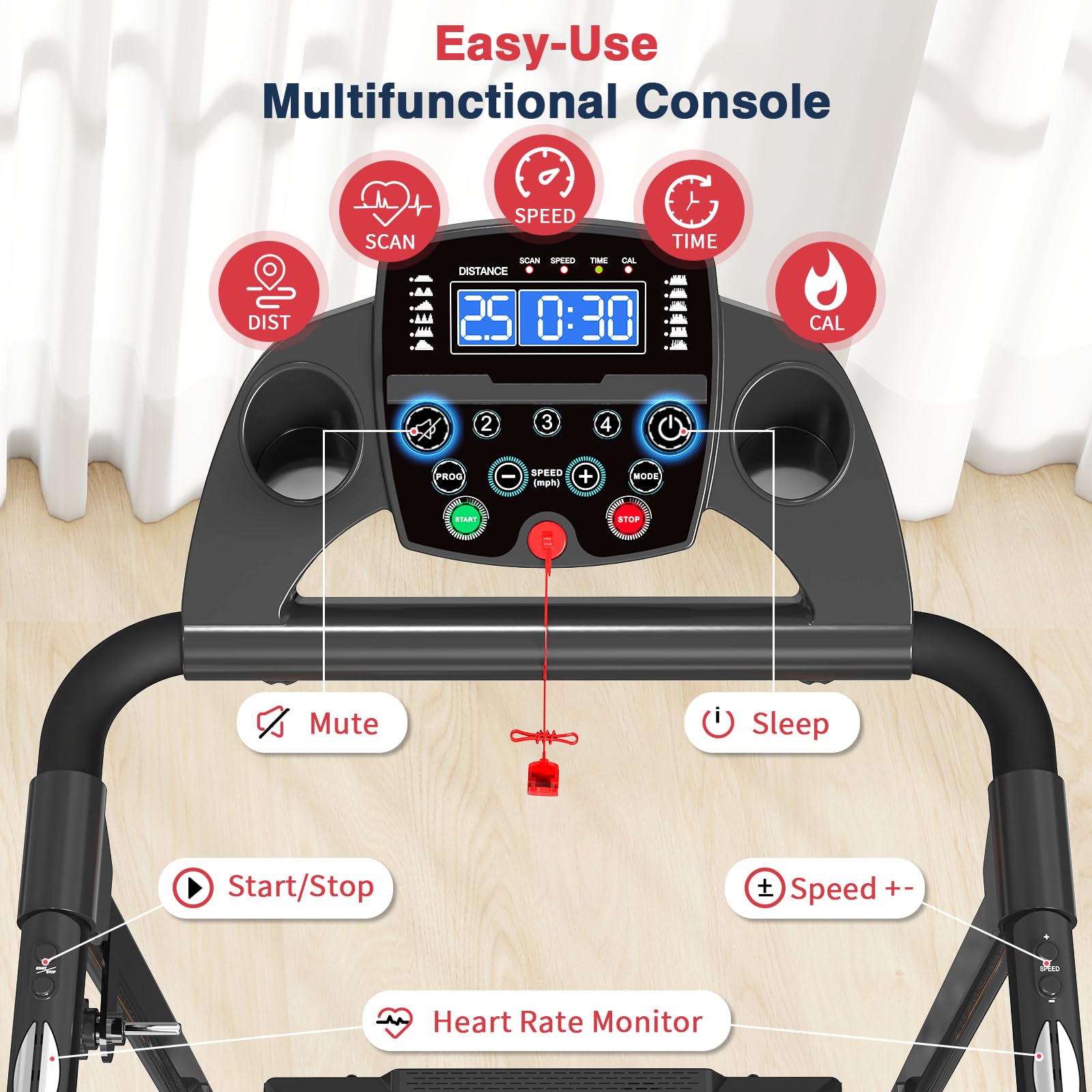 Redliro Walking Treadmill for Seniors - Foldable Senior Treadmill with 0%-2% Incline, Long Handrails - 300 lbs Capacity Home Recovery Fitness Exercise Machine for Elder, Mute & Qucik Speed Button