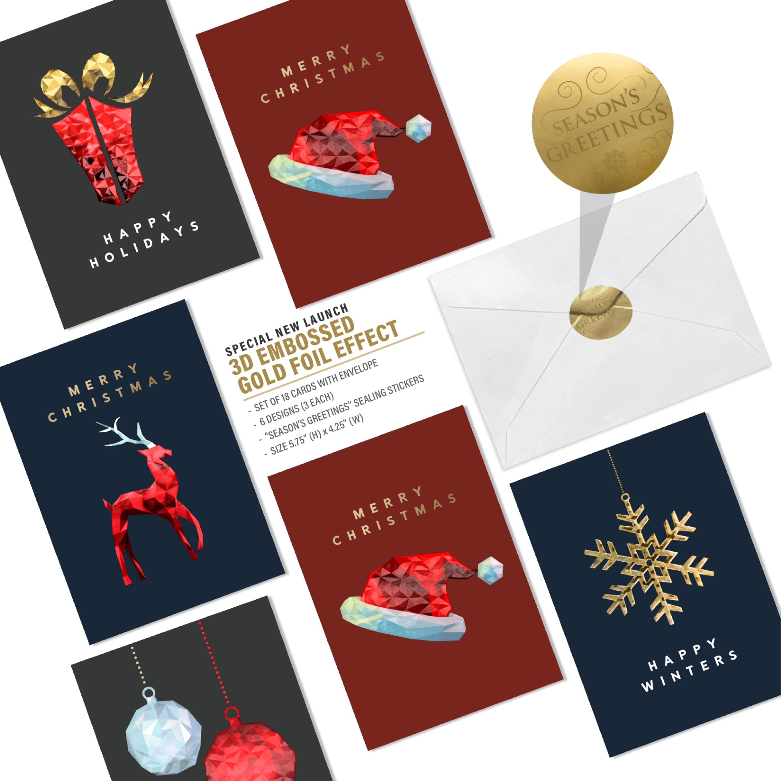 easykart labels 18 Christmas Greeting Card Assortment With Envelopes, Gold Foil With 3D Embossing Effect Design, 5.75 x 4.25 Inch