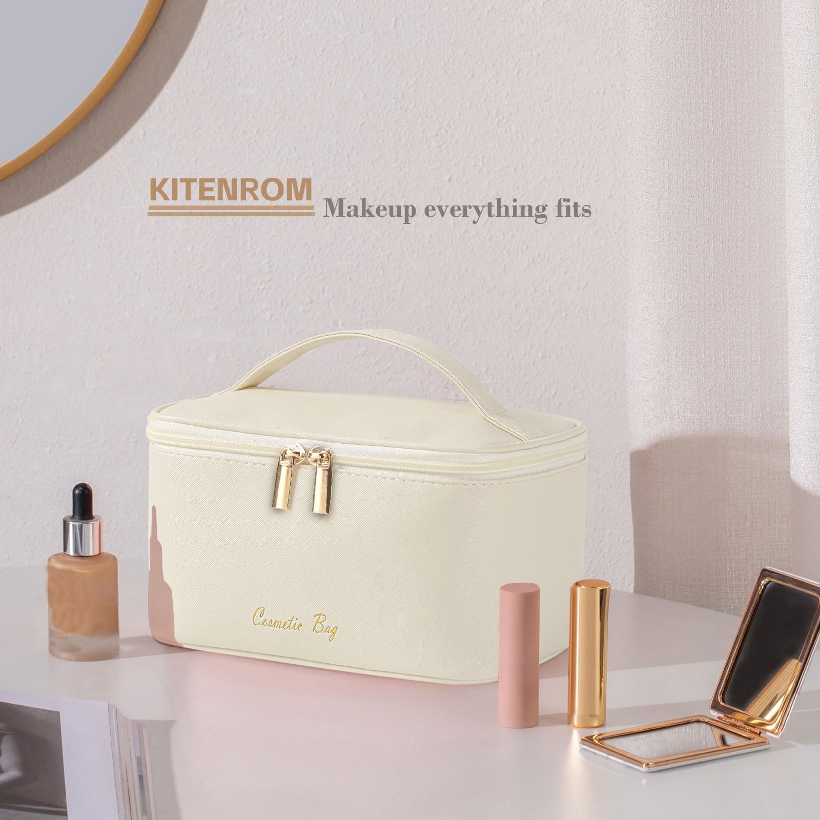 KITENROM Travel Makeup Bag Portable Cosmetic Bags for Women Large Toiletry Bag Case Pouch Organizer Waterproof (Light Beige)