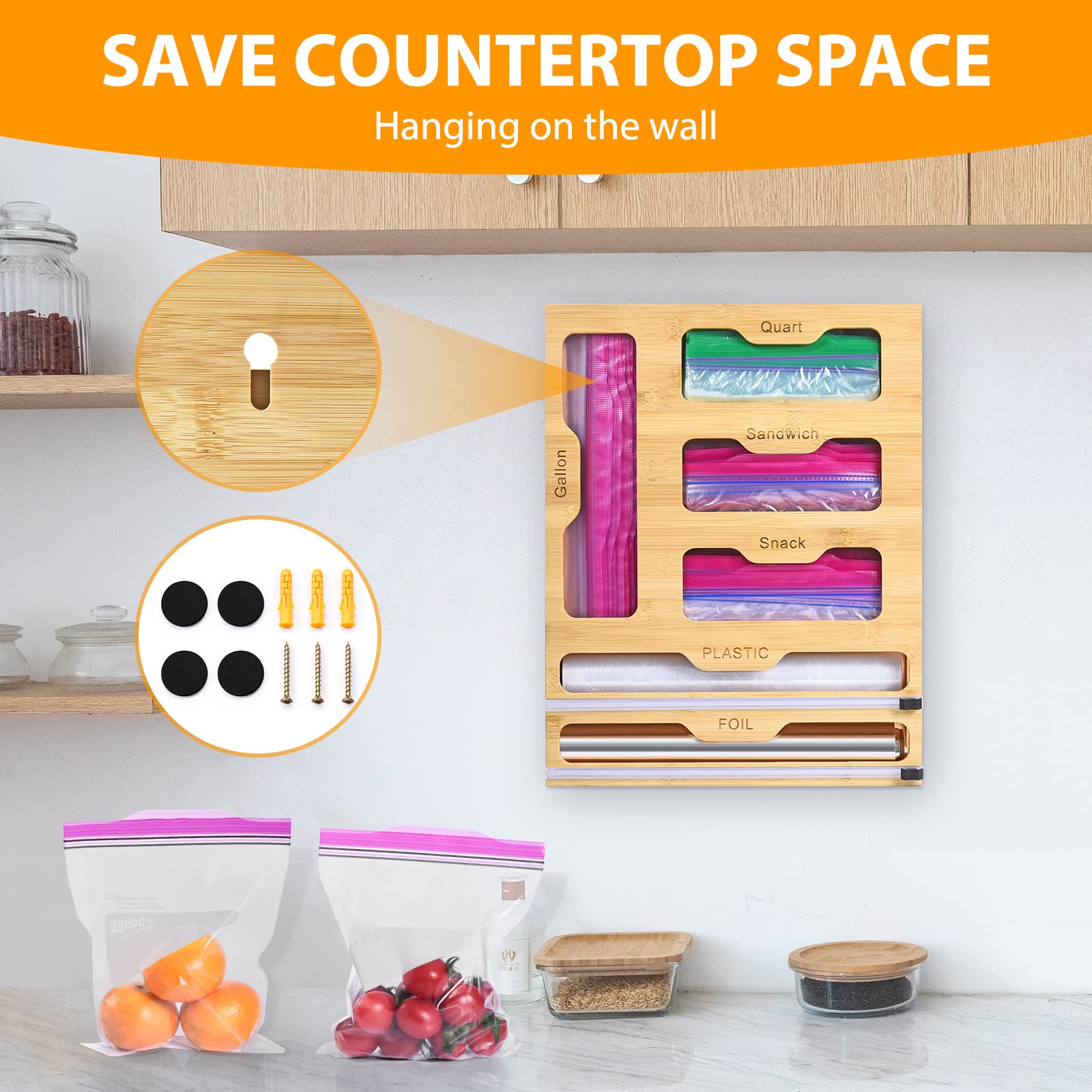 INHOTBY Foil and Plastic Wrap Organizer,Bamboo Ziplock Bag Organizer,6 in 1 Aluminum Foil Dispenser with Cutter,Tin Foil Baggie Organizer for Drawer,Kitchen containters Organization and Storage