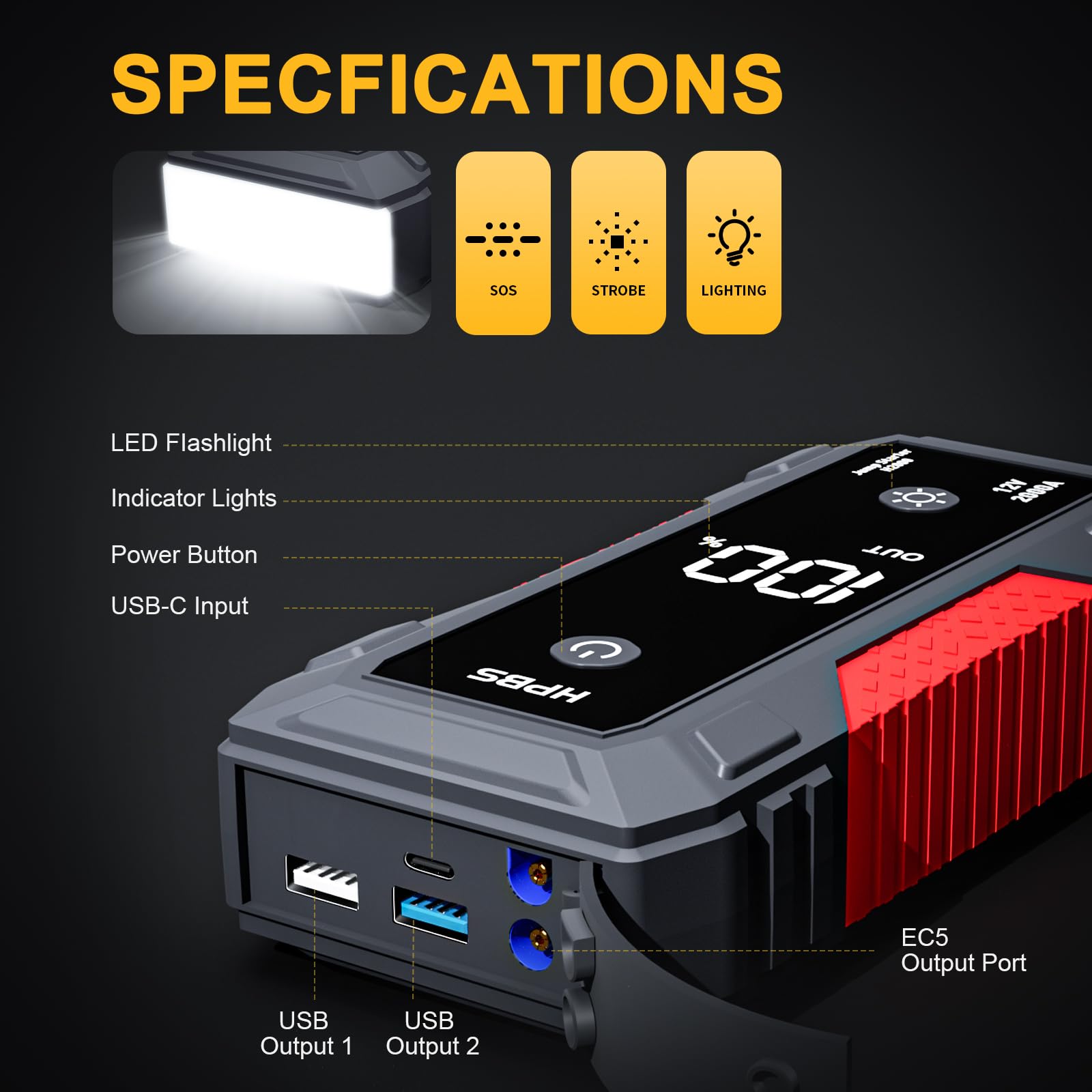 HPBS Jump Starter - 2000A Jump Starter Battery Pack for Up to 8L Gas and 6.5L Diesel Engines, 12V Portable Car Battery Jump Starter Box with 3.0" LCD Display (Red)