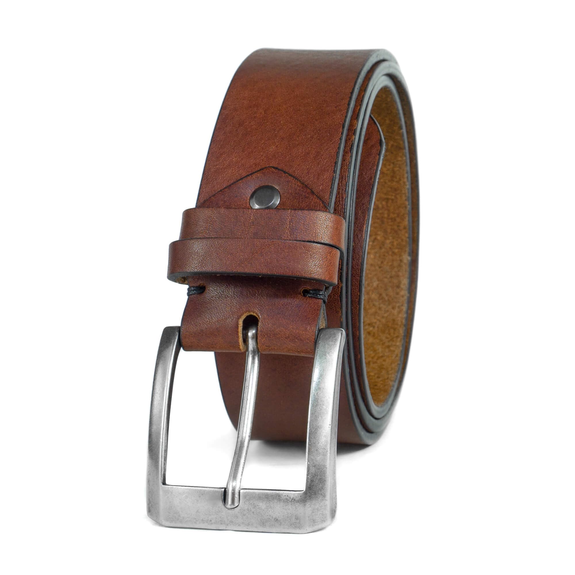 HoffeBelts Men's Leather Belt - Handmade Belts for Men with Buckle, Full Grain Leather Belts, Casual Brown Bruce L