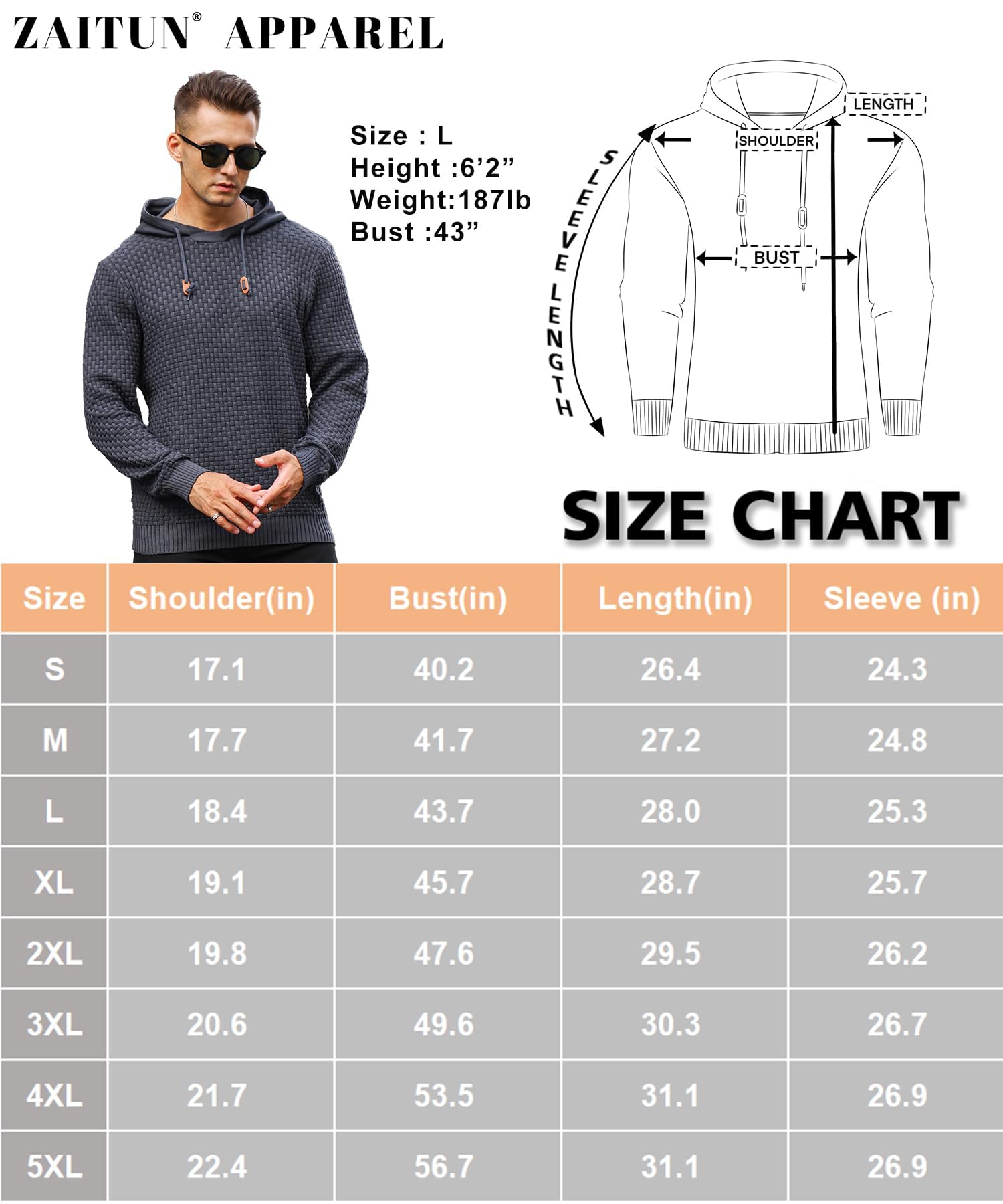 Zaitun Mens Hooded Sweatshirt Long Sleeve Solid Knitted Hoodie Pullover Sweater Dark Gray