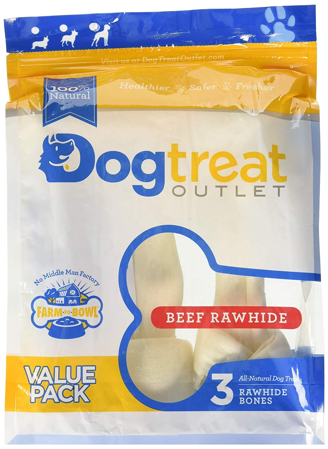 Dog Rawhide Bones Bulk Pack of 3 Natural Rawhide Protein Treats Knot Bone Chews Medium