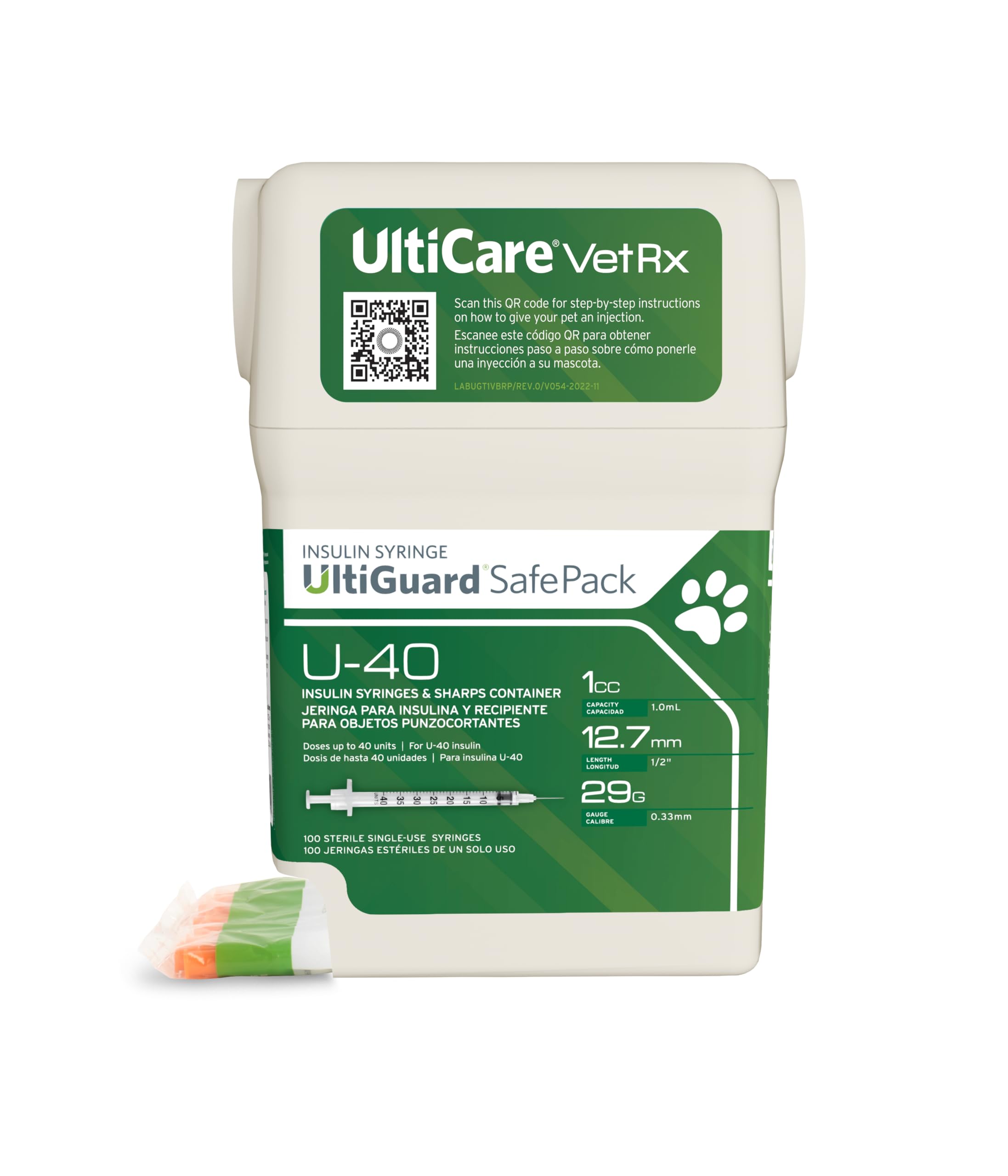 UltiCare VetRx U-40 UltiGuard Safe Pack Pet Insulin Syringes 1cc, 29G x 1/2", 100ct