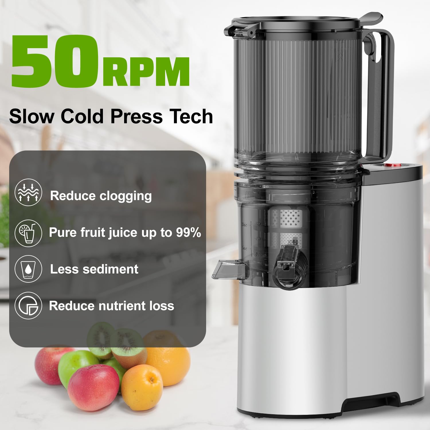 Cold Press Juicer, 5.4" Wide Feed Chute Juice Extractor Machine with 400W, High Juice Yield, Slow Masticating Juicer for Whole Vegetables & Fruits