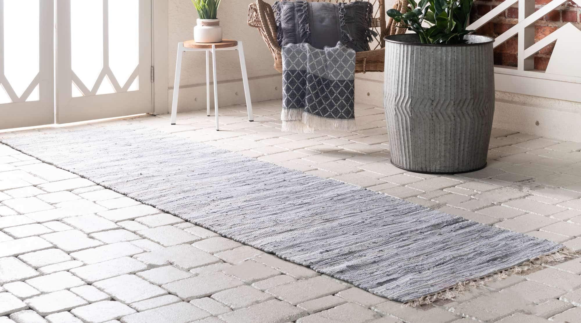 Unique Loom Chindi Cotton Collection Soft Hand Woven Natural Fiber Striped Area Rug, 2 ft 2 in x 6 ft 7 in, Gray/Ivory