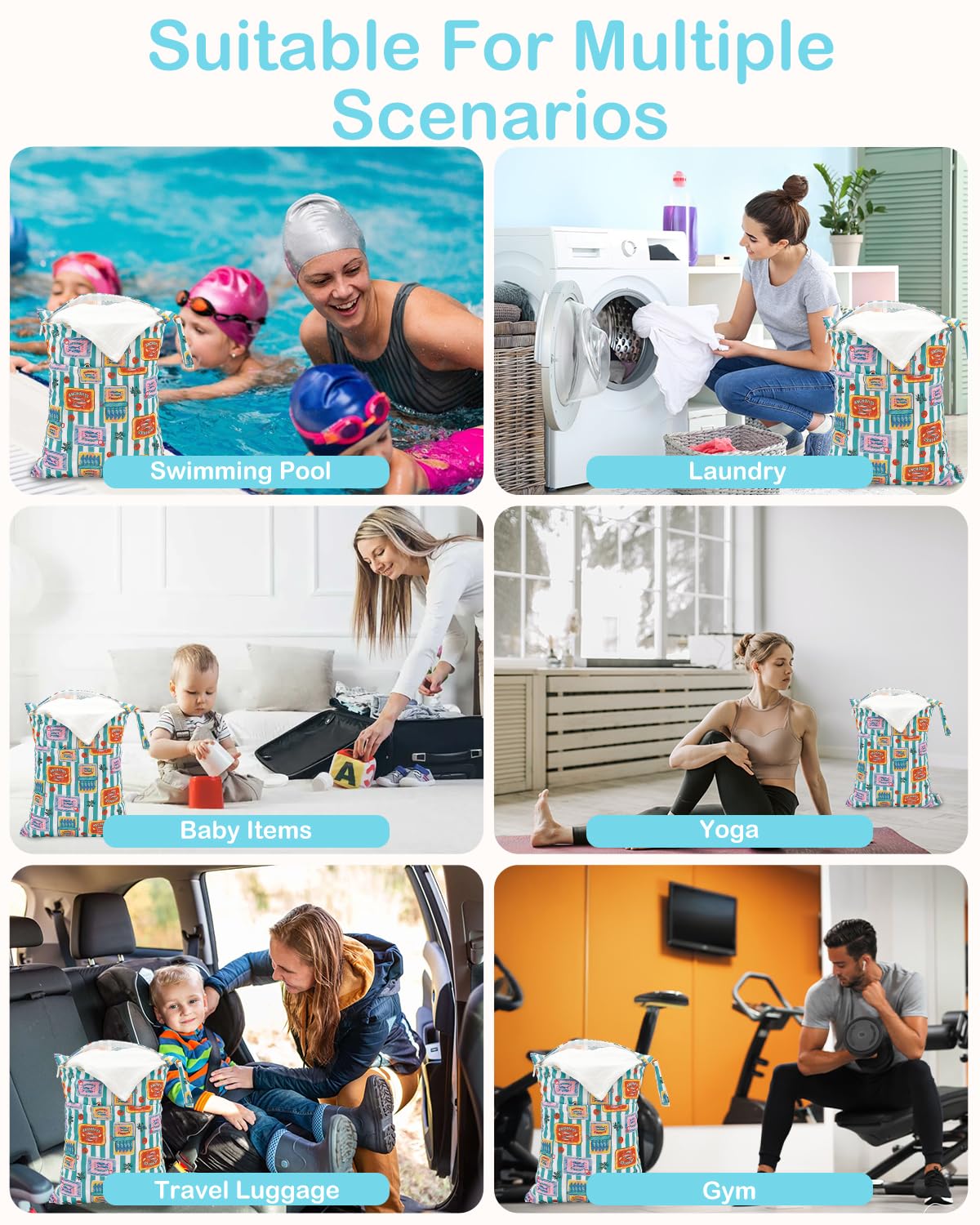 ALVA ALVABABY 2pcs Cloth Diaper Wet Dry Bags Waterproof Reusable with Two Zippered Pockets Travel Beach Pool Daycare Soiled Baby Items Yoga Gym Bag for Swimsuits or Wet Clothes 2LM22