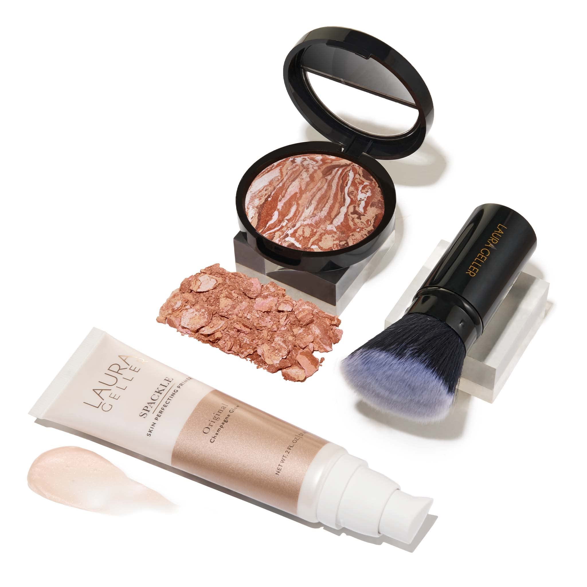 LAURA GELLER NEW YORK Ready-n-Radiant Kit (3 PC) - Baked Bronze-n-Brighten, Medium + Spackle Super-Size Skin Perfecting Primer, Champagne Glow + Retractable Angled Kabuki Brush