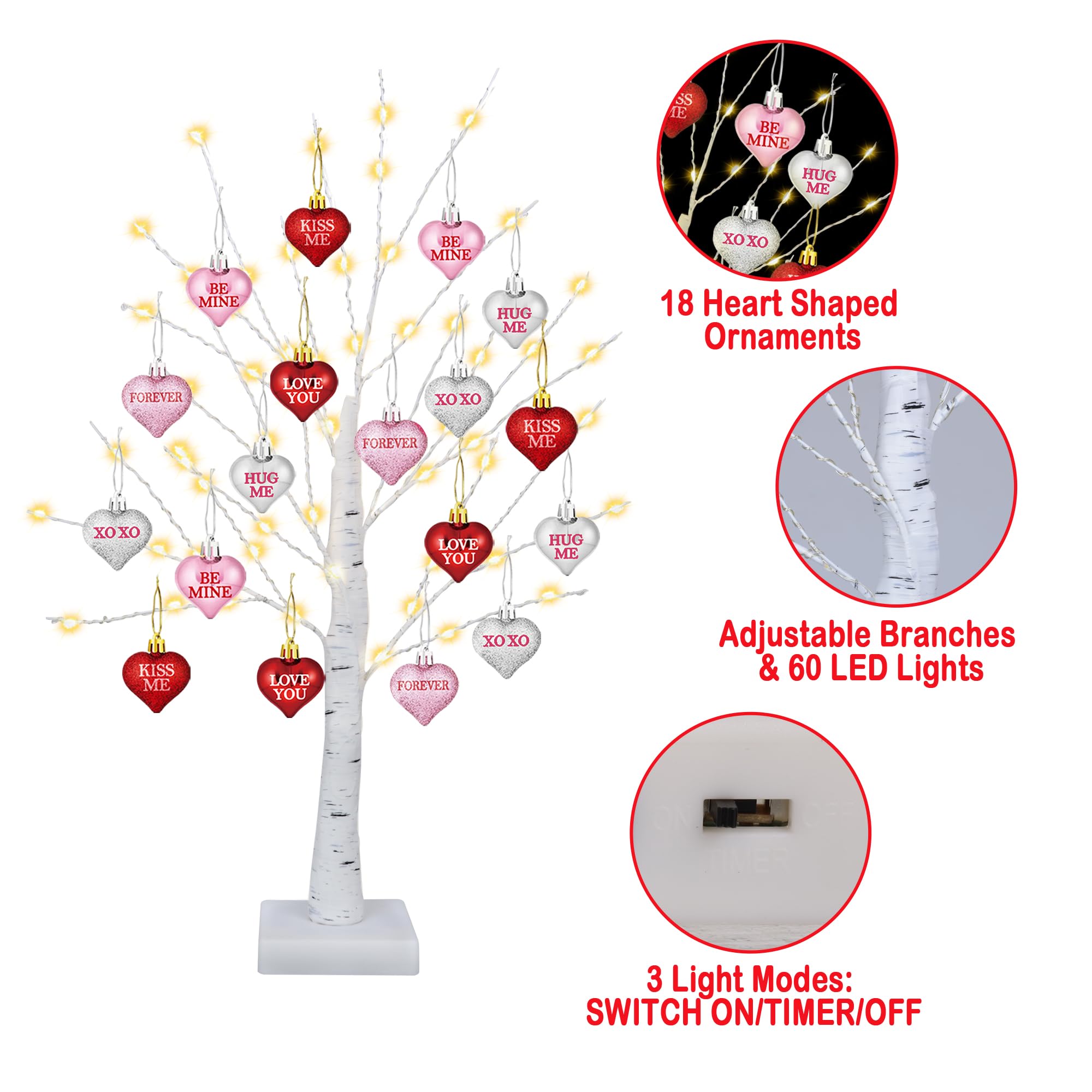 [Timer] Valentines Day Decor 24 Inch Valentines Day Decoration Lighted Tree with 18 Heart Ornaments, USB/Battery Operated Valentines Decor Tree Light, Valentines Day Decorations for Home Table Bedroom