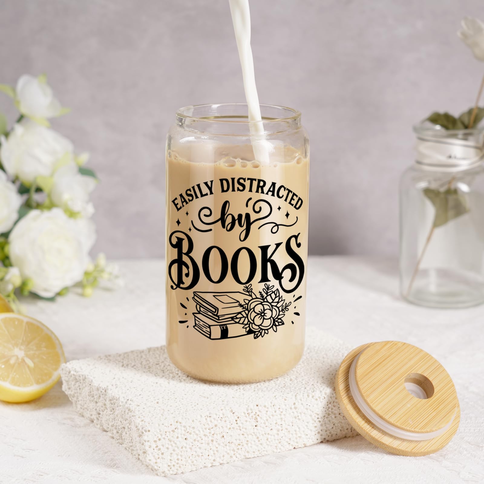 Coolife 16 oz Book Lovers Coffee Glass Cups Tumblers w/Lids Straws, Bookish Gifts for Women, Bookworm Gifts for Book Lovers Club, Librarian Stuff, Readers Accessories, Christmas Birthday Reading Idea