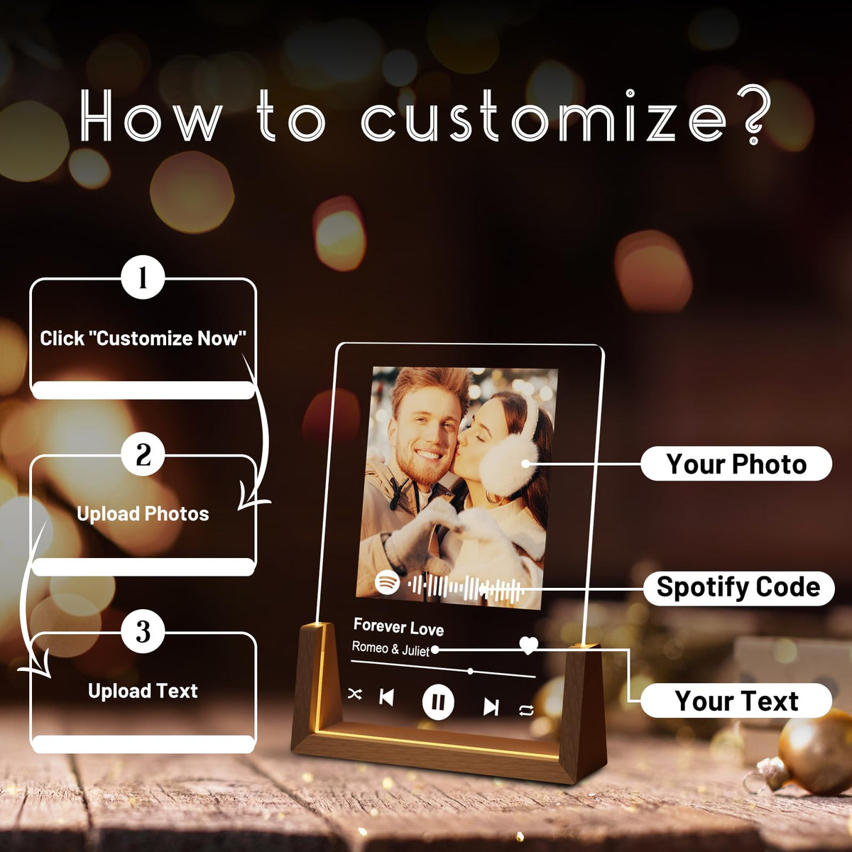 LUCKOR Personalized Photo Gifts for Girlfriend Women Wife Her, Customized Walnut LED Picture Frame for Couple Boyfriend Him, Custom Spotify Plaque for Anniversary Birthday Christmas Valentines Day