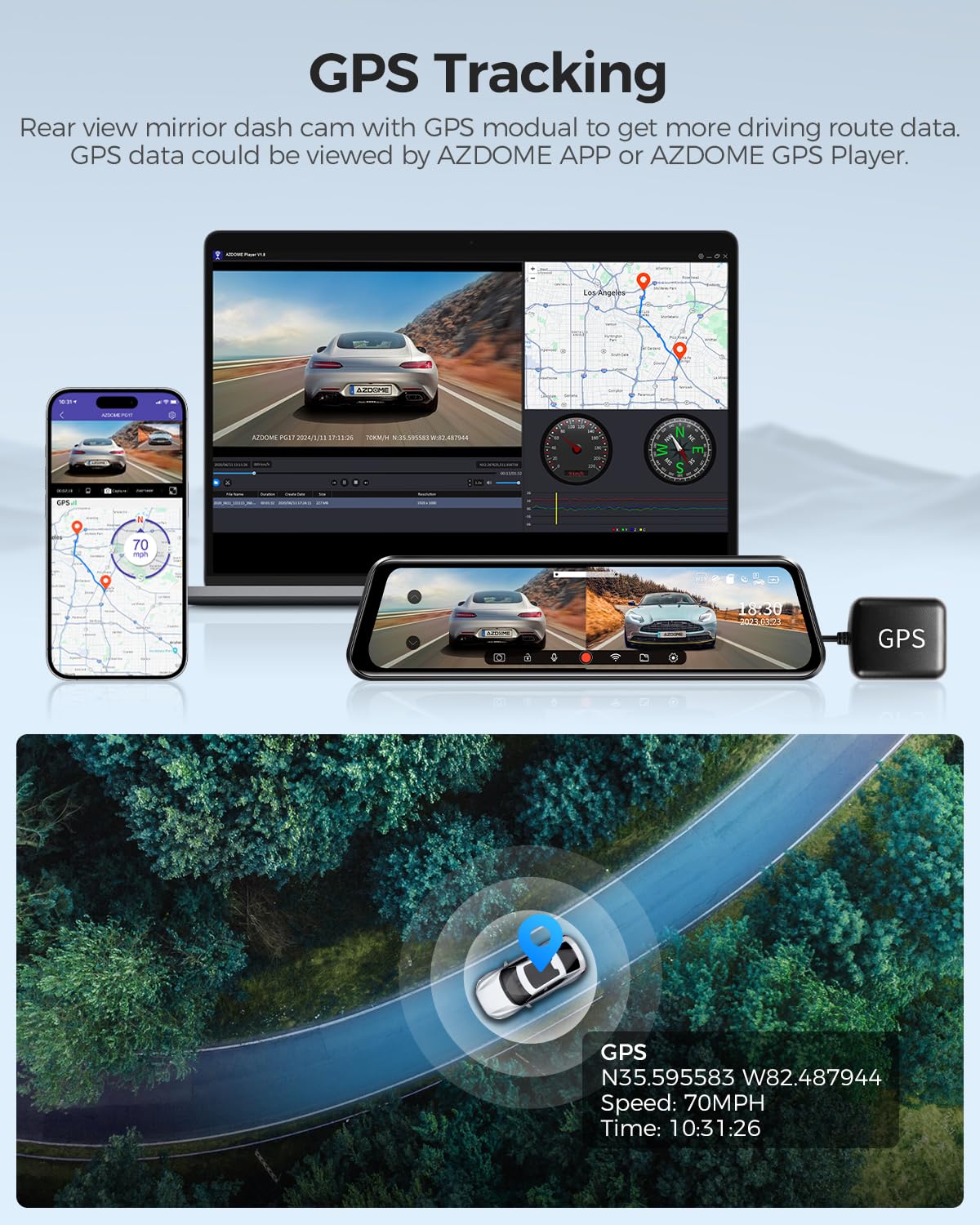 AZDOME PG17 WiFi Rear View Mirror Camera, 12" Mirror Dash Cam, Dual Camera 2.5K Front and 1080P Rear Camera for Car, Free 64GB TF Card, Waterproof Backup Camera Night Vision, Parking Assistance GPS