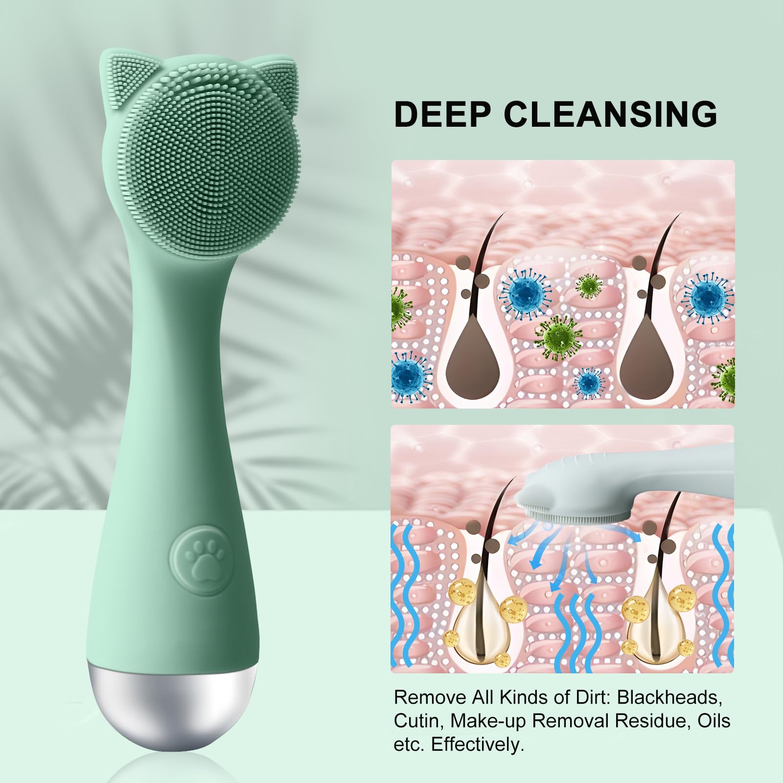 Facial Cleansing Brush, Silicone Face Scrubber Exfoliator for Men & Women, Electric Face Brush Waterproof, with 3 Speeds Adjustable for Deep Cleaning, Removing Blackhead, Face Massaging (Mint Green)