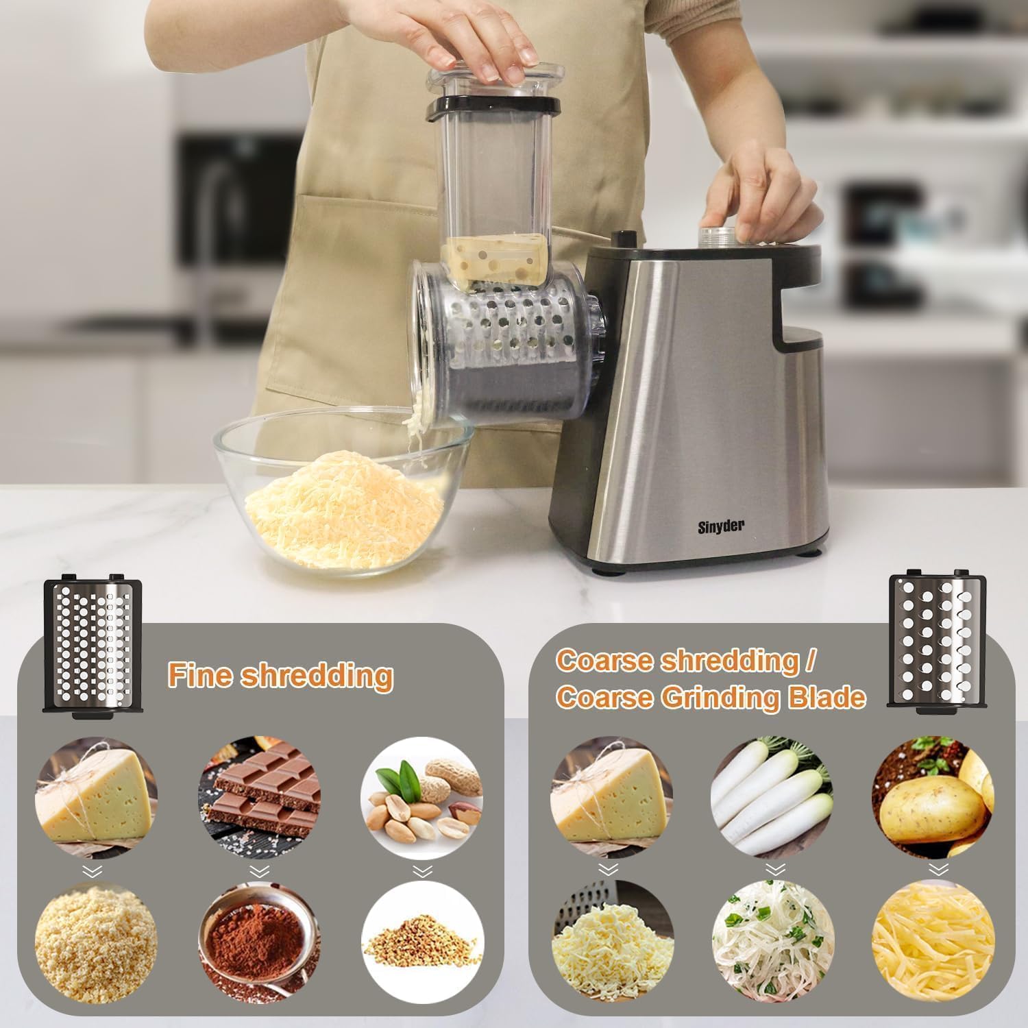 Electric Cheese Grater Upgraded, Salad Maker Machine with 6 Different Shapes of Blades.400W Cheese Shredder,Electric Slicer,Electric Salad Machine for Cheeses, Fruits, Vegetables