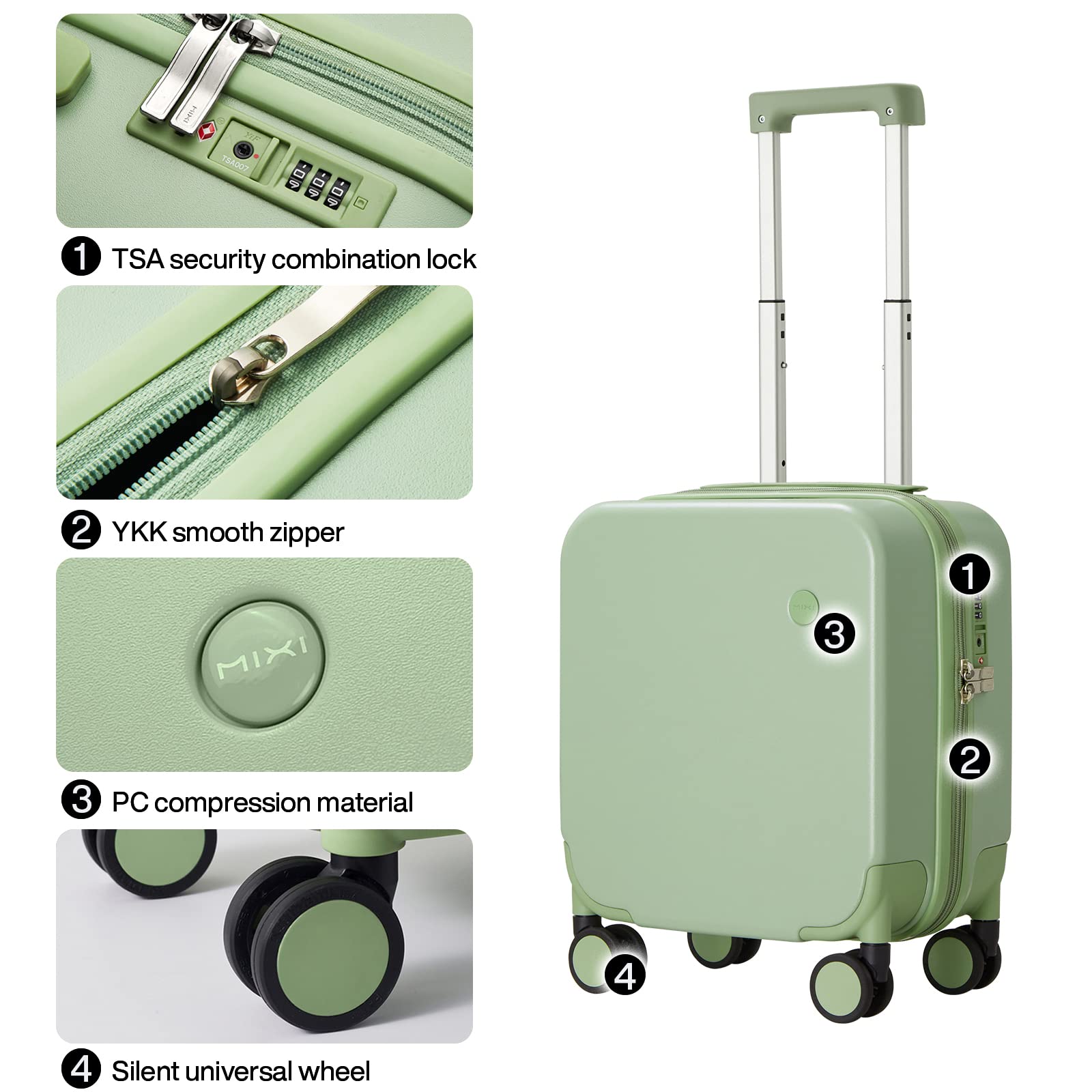 mixi 14 Inch Underseat Luggage Carry on Suitcase Free Boarding Personal Item Suitcases with Spinner Wheels Hardshell Lightweight PC for Short Travel, Avocado Green