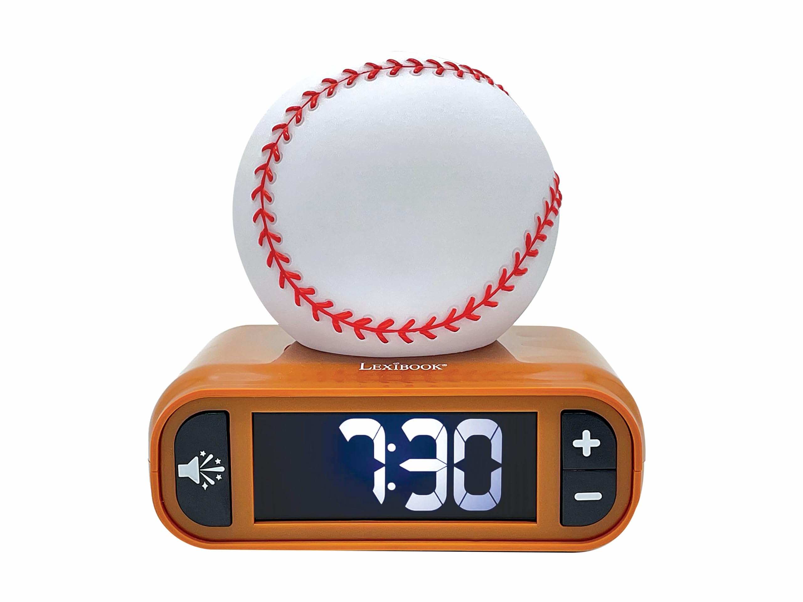 Lexibook, Baseball - Baseball Nightlight Alarm Clock, Sounds and Melodies, LCD Backlit Screen, Luminous, Snooze, Brown/White, RL800BL