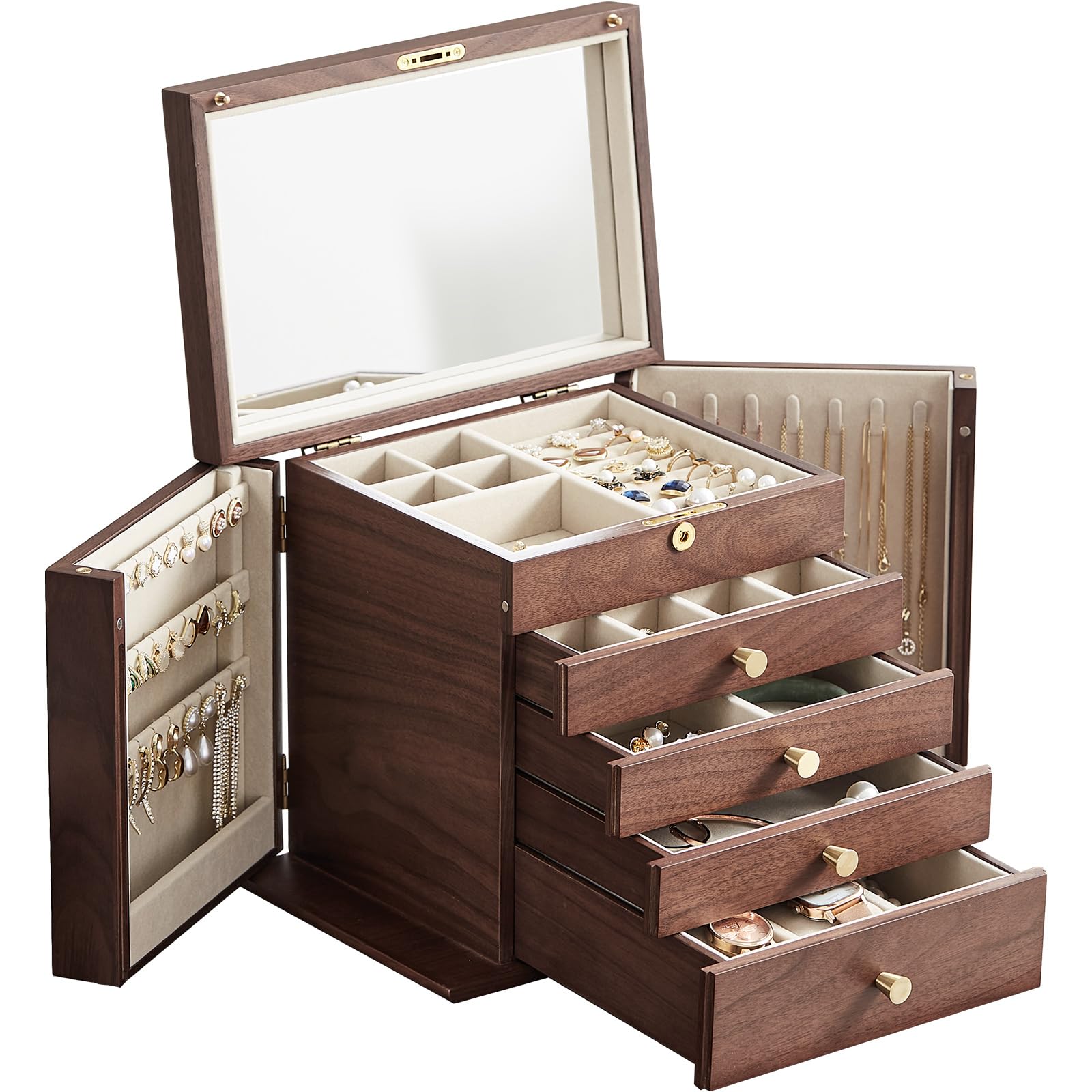 Homruilink Black Walnut Jewelry Box, 5-Layer Solid Wood Jewelry Organizer with 2 Side Doors Mirror Lockable Classical Style for Watch Necklace Ring Earring Mother’s Day Gifts