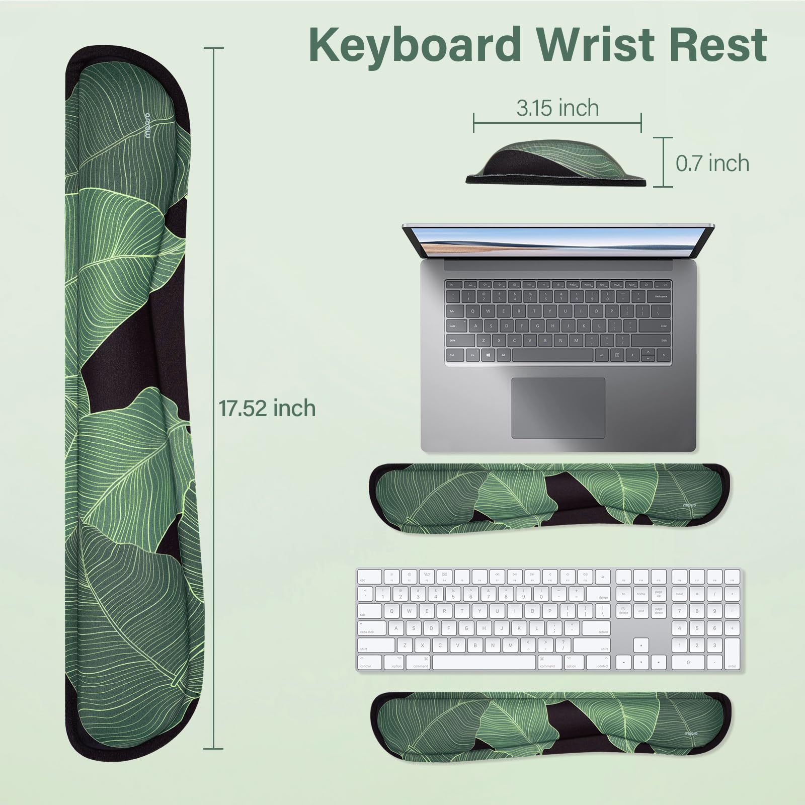 MOSISO Keyboard Mouse Pad Set,Large Gaming Mouse Pad&Keyboard Wrist Rest&Mouse Wrist Rest&Coaster,Ergonomic Non-Slip Leaf Mousepad with Raised Memory Foam for Home Office, Tropical Palm Leaves