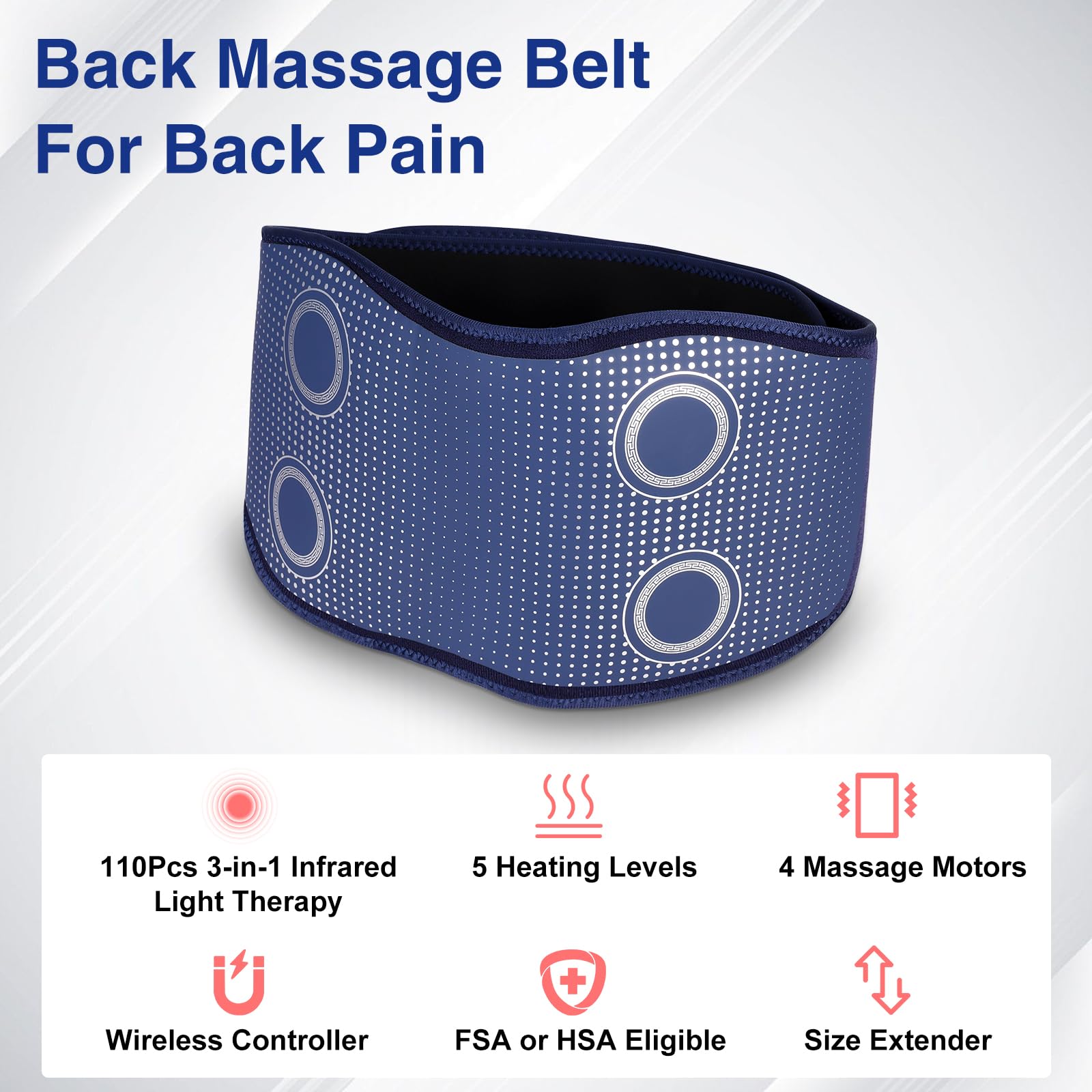 Cordless Back Massager Belt,FSA or HSA Eligible Red Light Therapy Massage Belt with 5 Heating Levels,3 Vibration Modes, Lower Back Massager for Pain Relief Deep Tissue,4 Motors,Battery-Powered (Blue)