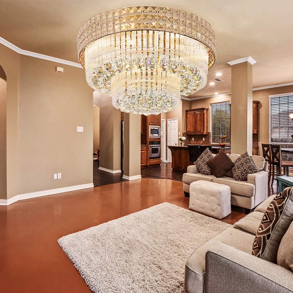 MORE CHANGE MoreChange 23.6inch Modern K9 Crystal Chandelier Luxury Ceiling Lamp Flush Mount LED Ceiling Light Fixture Pendant Lamp with Remote for Dining Room Bathroom Bedroom Livingroom