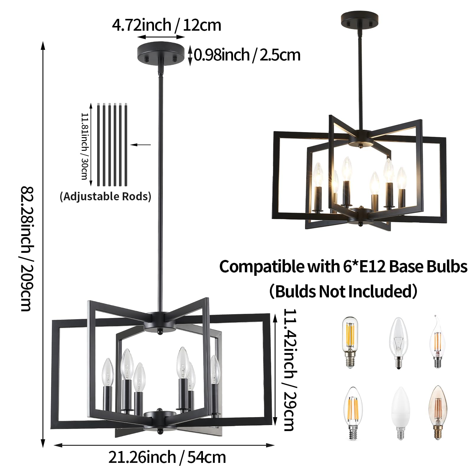 MIAYBPH Black Chandelier, Dining Room Light Fixture Geometric Metal Modern Industrial Chandelier Lighting for Farmhouse Living Room Entryway Kitchen (E12 Bulbs Not Included, 6 Light)