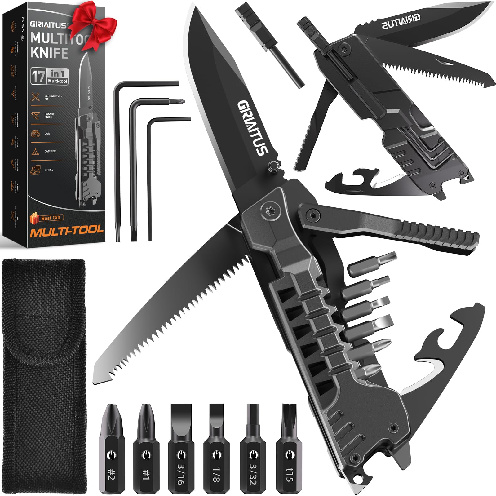 Multitool Knife 17 in 1Fire Starting Sticks, Bottle Opener, Saw Screwdrivers Bottle Opener, Whistle, Window Breaker and More -Perfect for Camping, Outdoor, Survival and Everyday Use,Gifts for Men Dad