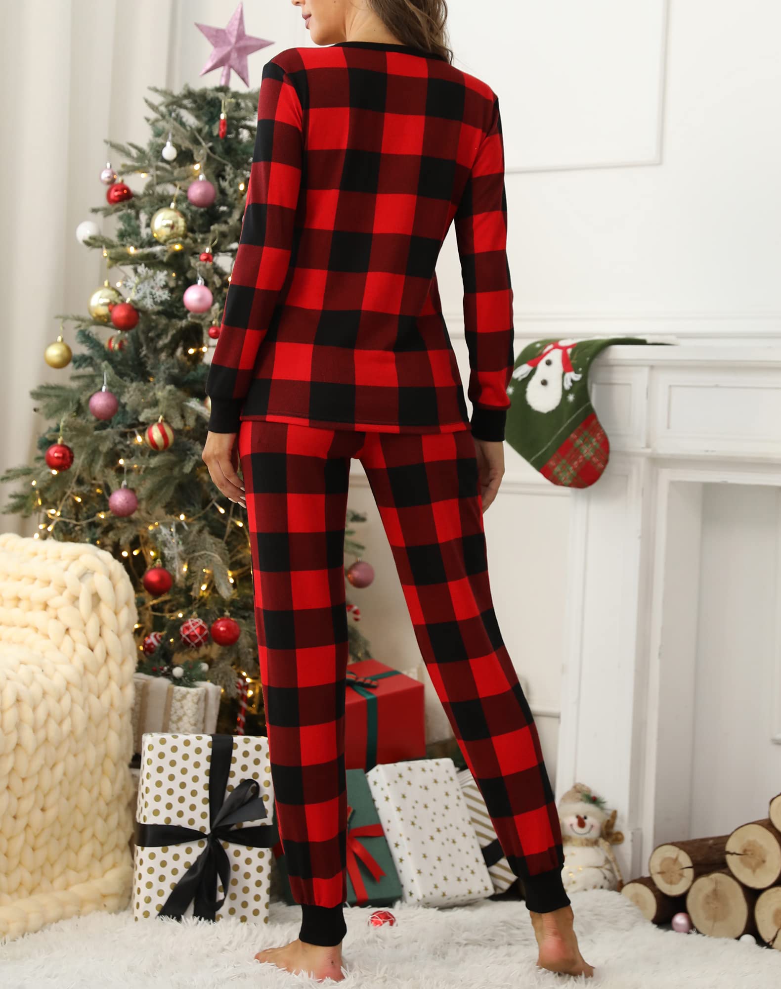 Smile Fish Womens Christmas Pajamas Set Long Sleeve Henley Neck Buffalo Plaid PJS Joggers Pants Loungewear Cotton Blend Red Black,M