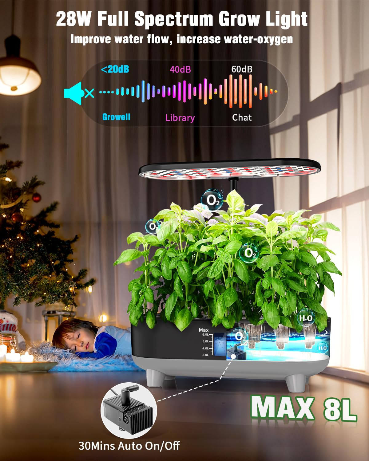 Growell Hydroponics Growing System Kit, 16 Pods Indoor Garden with 28W Full Spectrum LED Grow Light, Auto Timer, 3 Smart Light Modes, 8L Large Herb Garden, Ideal Gardening Gift for Women, Men (Black)