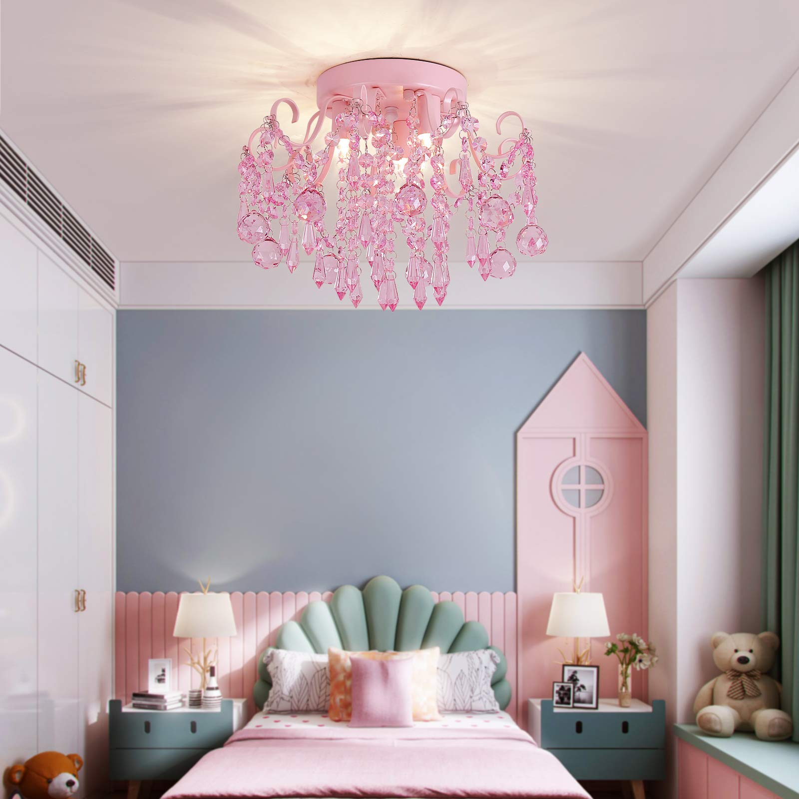 Q&S Mini Chandelier Crystal,Semi Flush Mount Pink Girl Chandelier, Small Crystal Ceiling Light Fixture Bedroom Bathroom Closet Nursery 3 Lights