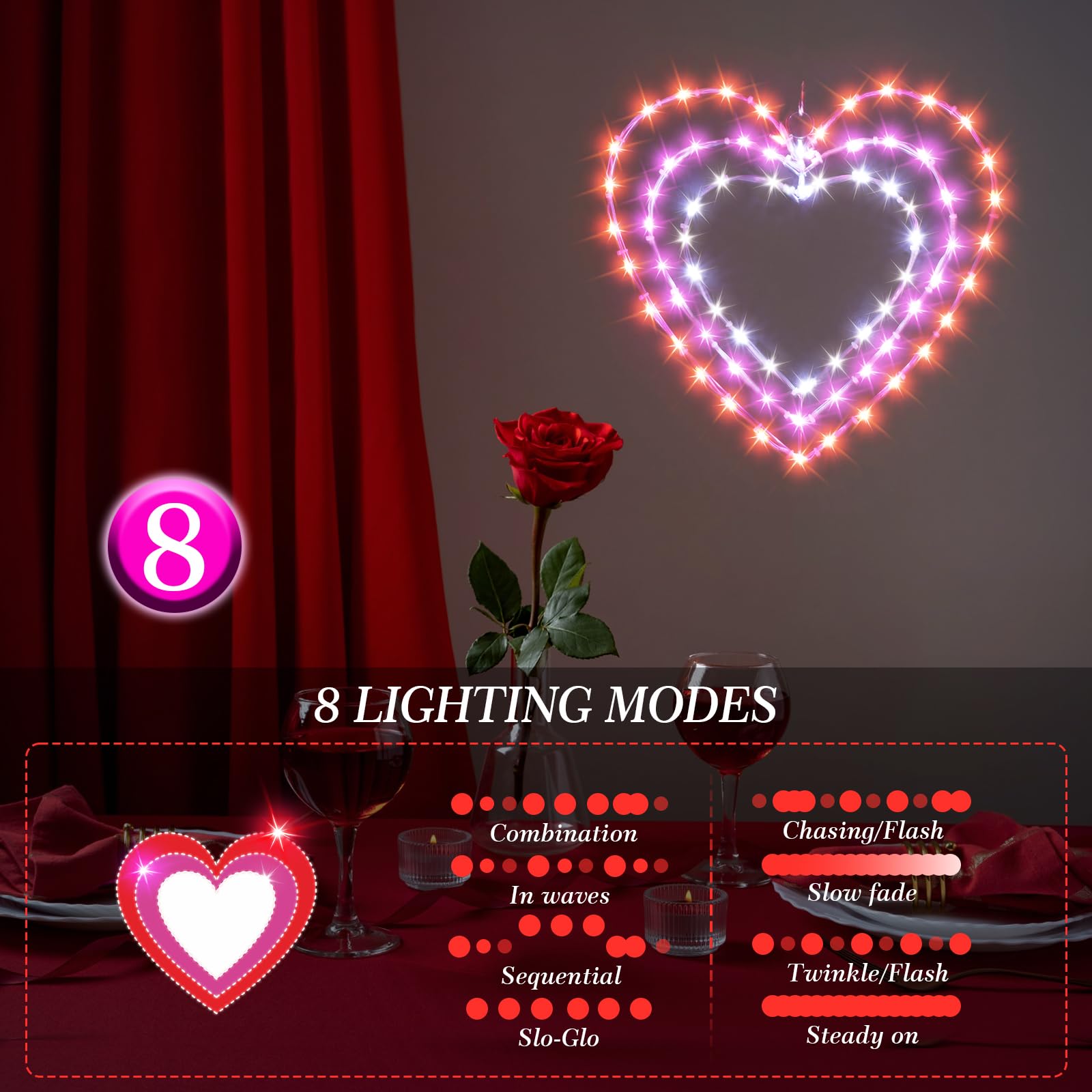 ILLUMINEW 2 Pack Valentine's Day Window Lights, 8 Lighting Modes Valentine's Day Decoration Heart Lights, 12 Inch LED Hanging Iron Frame Decor for Wedding Holiday Indoor Outdoor Party