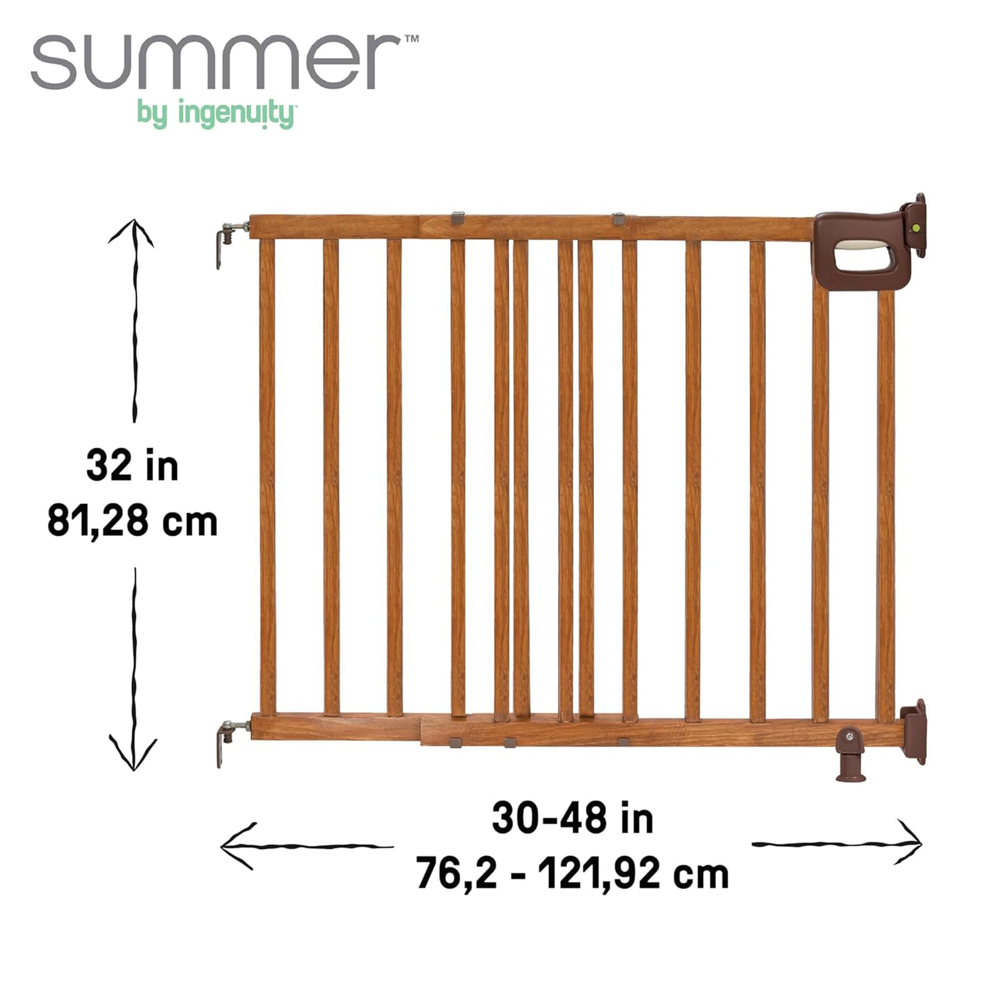 Summer Wood Banister & Stair Safety Pet and Baby Gate, 32"-48" Wide, 33" Tall, Install Banister to Banister or Wall, or Wall to Wall in Doorway or Stairway, Banister and Hardware Mounts - Cherry