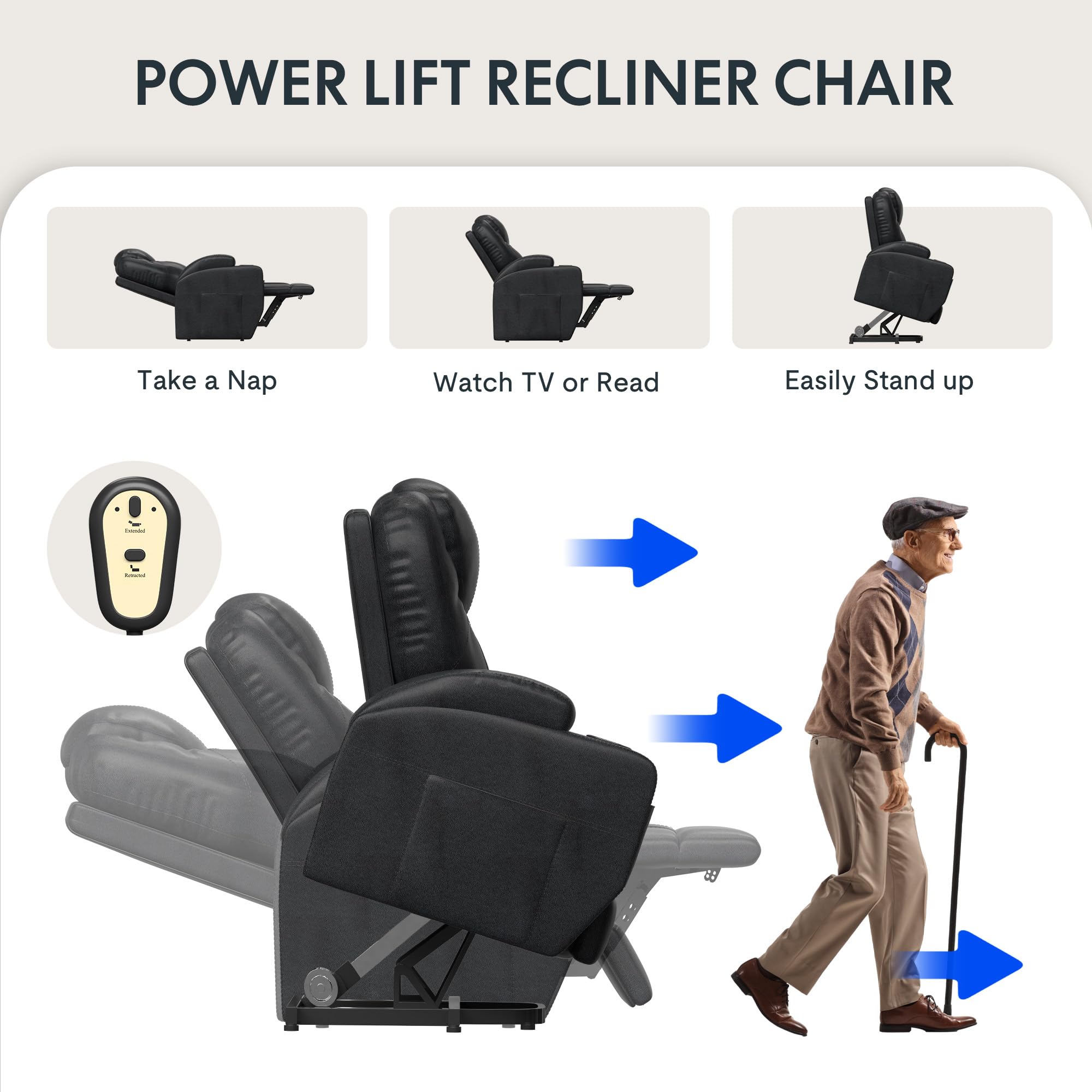 FLEXISPOT Power Lift Recliner Chair for Elderly, Electric Recliner Chairs with Massage and Heat, Faux Leather Reclining Chair Single Sofa w/Side Pockets for Living Room Bedroom(Black)