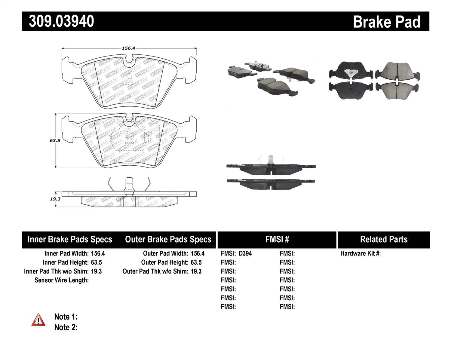 StopTech 309.03940 Sport Brake Pads with Shims and Hardware