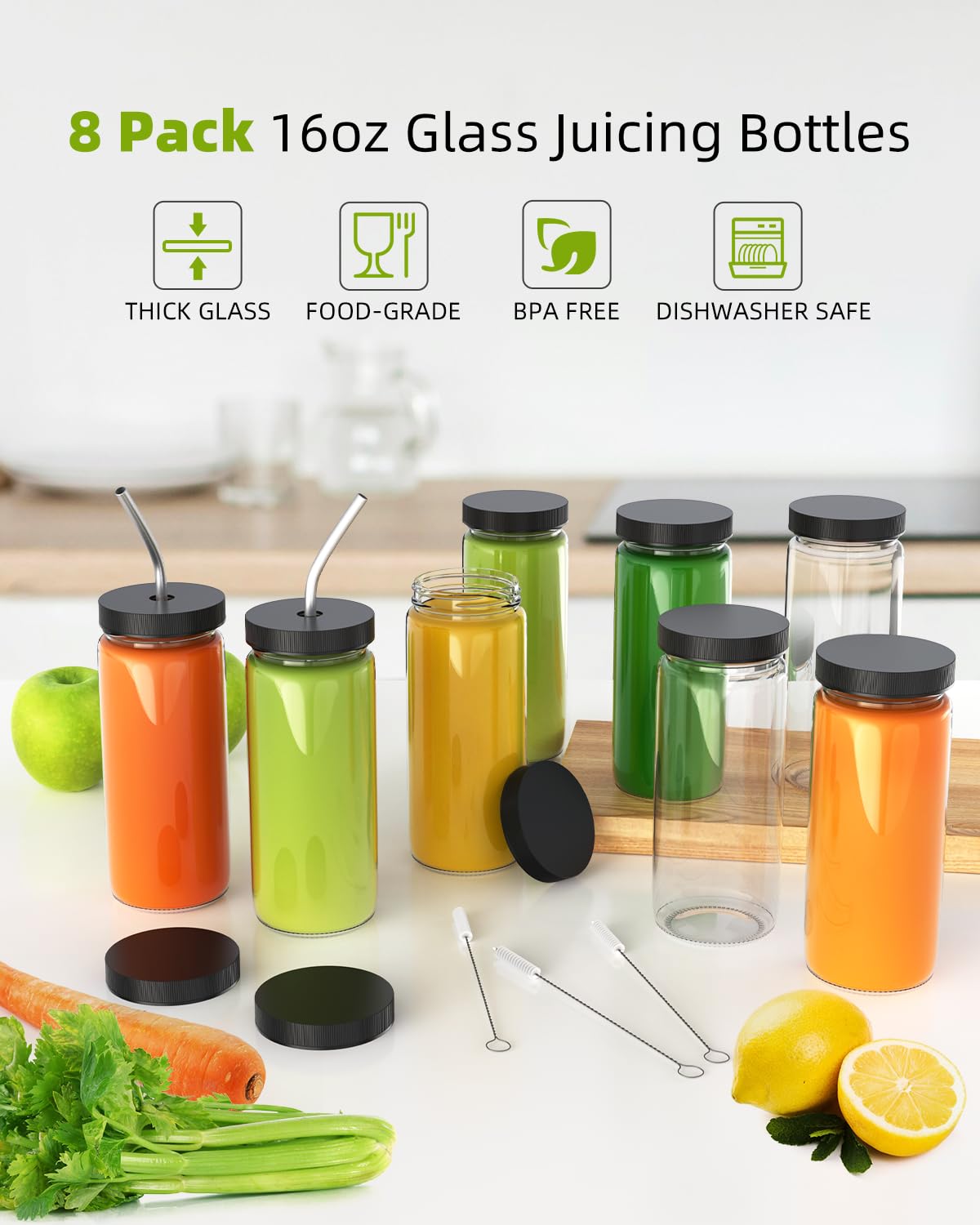 Cold Press Juicer with 8 Juice Bottles - Masticating Juicer Machines for Fruits and Veggies, 4.25" Large Feed Chute, Easy to Clean