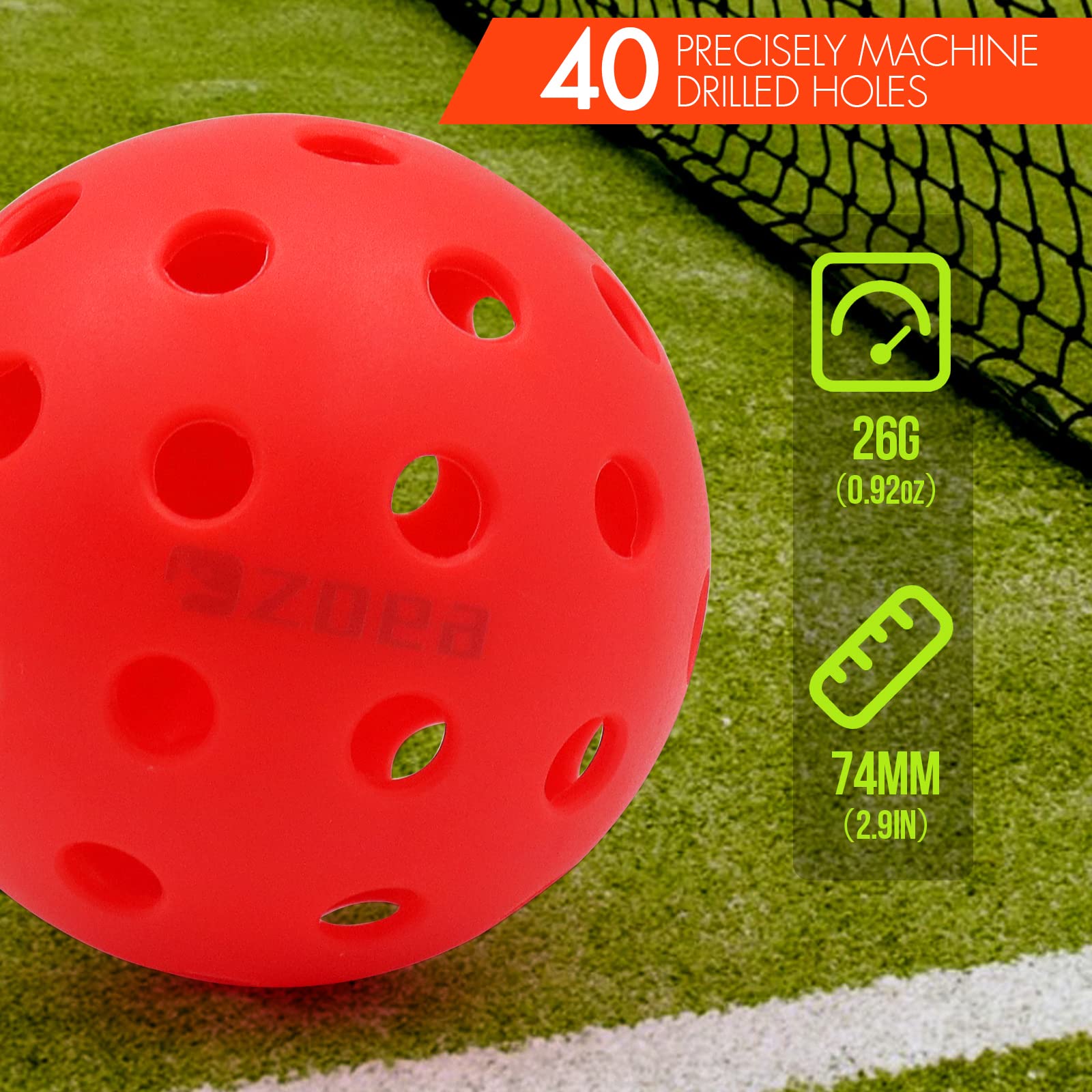 ZOEA Premium 40 Holes Outdoor Pickleball Balls, Durable Ball with Nice Bounce, High Visibility for Outdoor & Indoor Courts 6 Packs Bright Yellow & Green (Red)