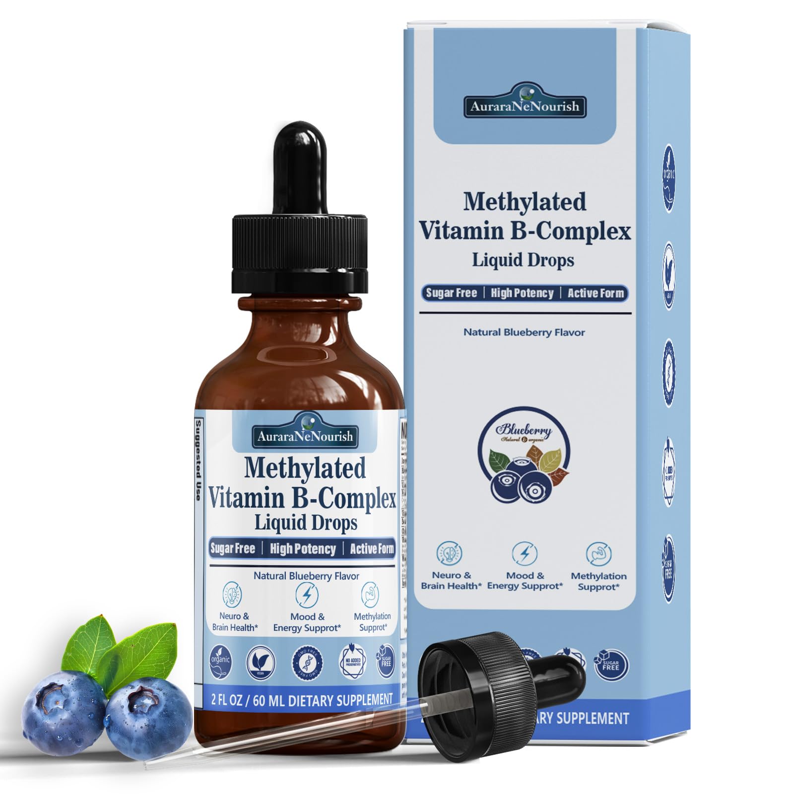 Methylated B Complex Vitamins w. L-5-MTHF Folate, Vitamins B2 B6 & B12 for Men & Women, Complete 9-in-1 Methyl B Supplement for Energy Support, Mood & Nerve Health Vegan Gluten Free Blueberry Flavor