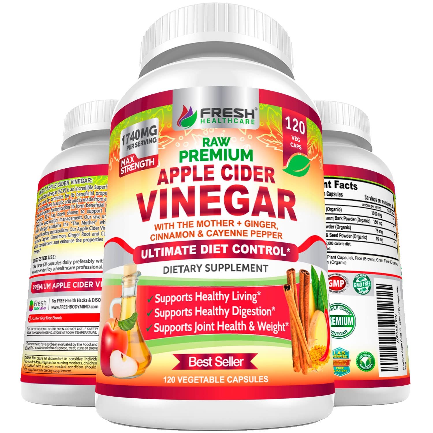 Apple Cider Vinegar Capsules Max 1740mg with Mother - 100% Natural & Raw with Cinnamon, Ginger & Cayenne Pepper - Ideal for Healthy Living, Detox & Digestion -120 Vegan Pills