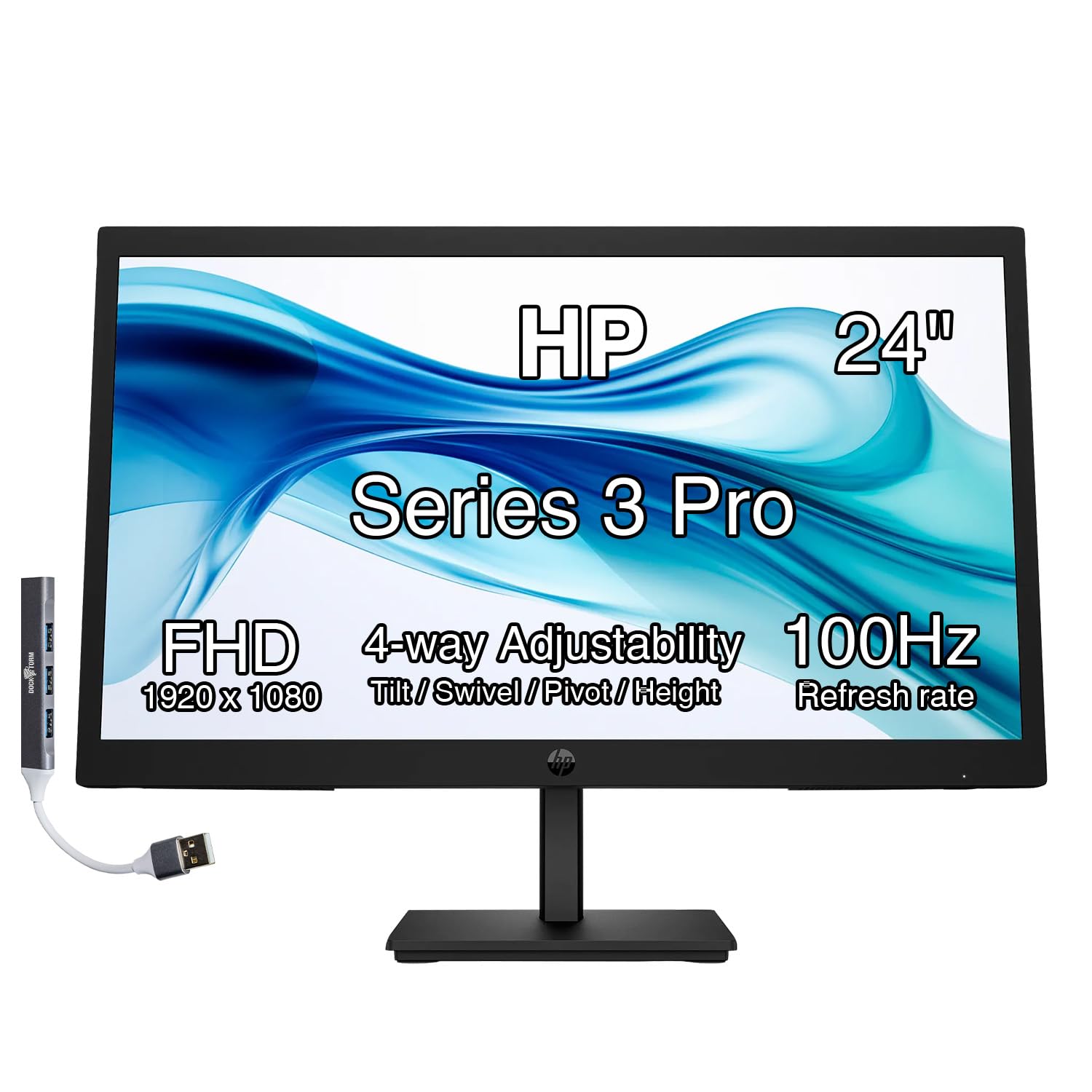 HP Series 3 Pro 24" 100Hz FHD IPS Monitor with Adjustable Tilt/Swivel/Pivot/Height, Built-in Dual 2W Speakers, VESA Mount (100mm), VGA, Displayport, HDMI w/DKZ Hub, Black