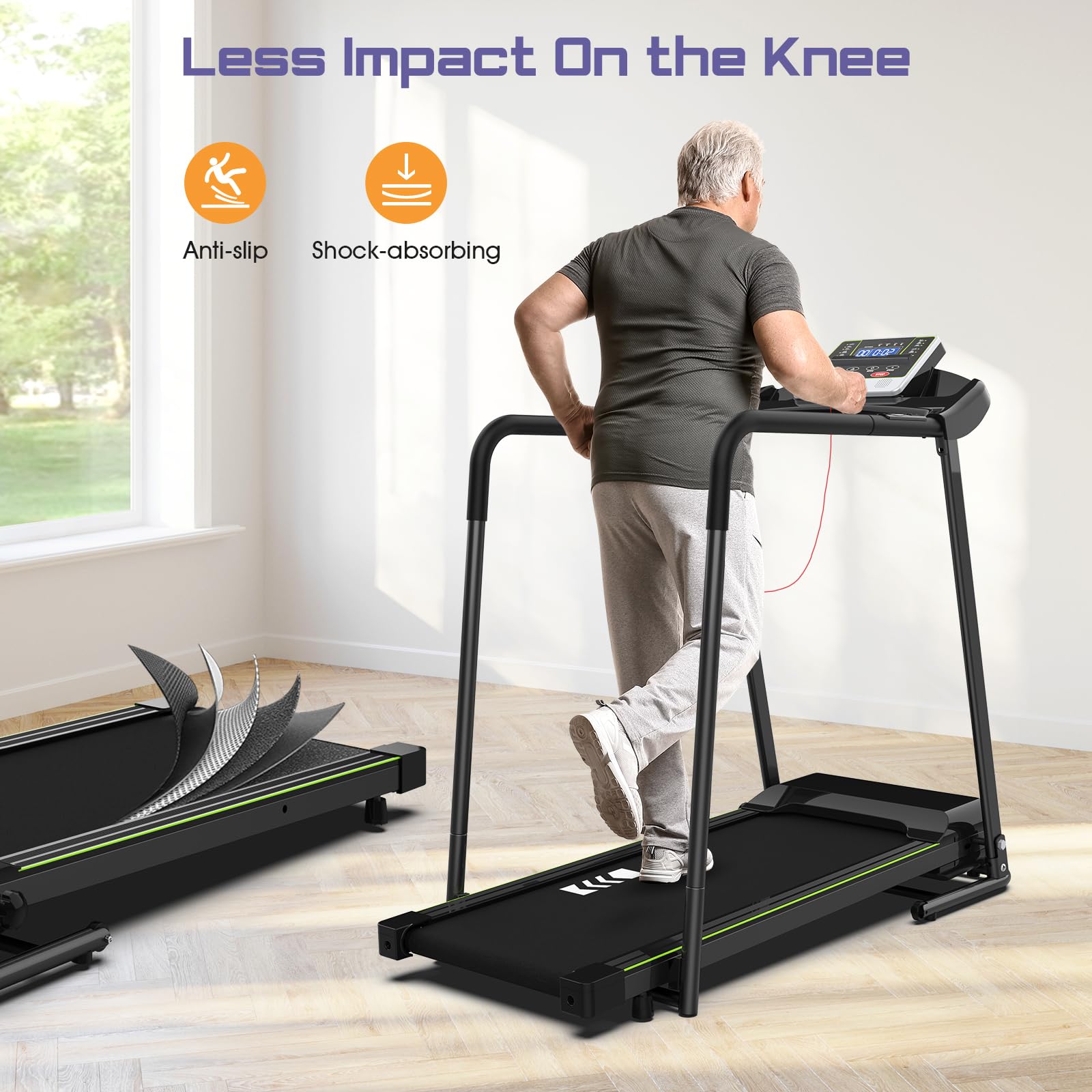 Rellysport Walking Treadmill for Seniors with Handrails - Recovery Fitness Exercise Machine for 300lbs Capacity, Foldable Treadmills for Home with Heart Rate Monitoring, Holder for Phone & Cup